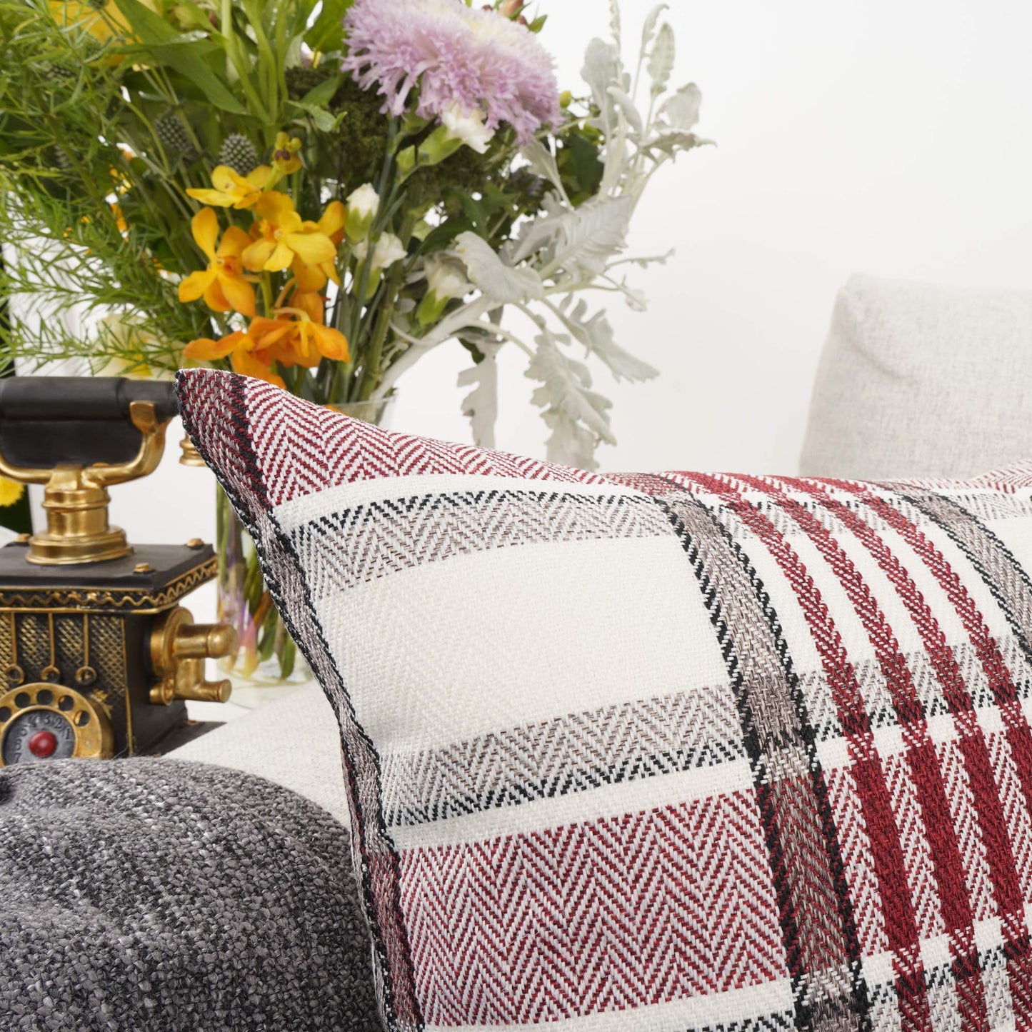 YOUR SMILE Retro Farmhouse Outdoor Buffalo Tartan Chequer Plaid Cotton Linen Decorative Throw Pillow Case Cushion Cover Pillowcase for Sofa 18 x 18 Inch, Set of 2, Khaki/Stripe