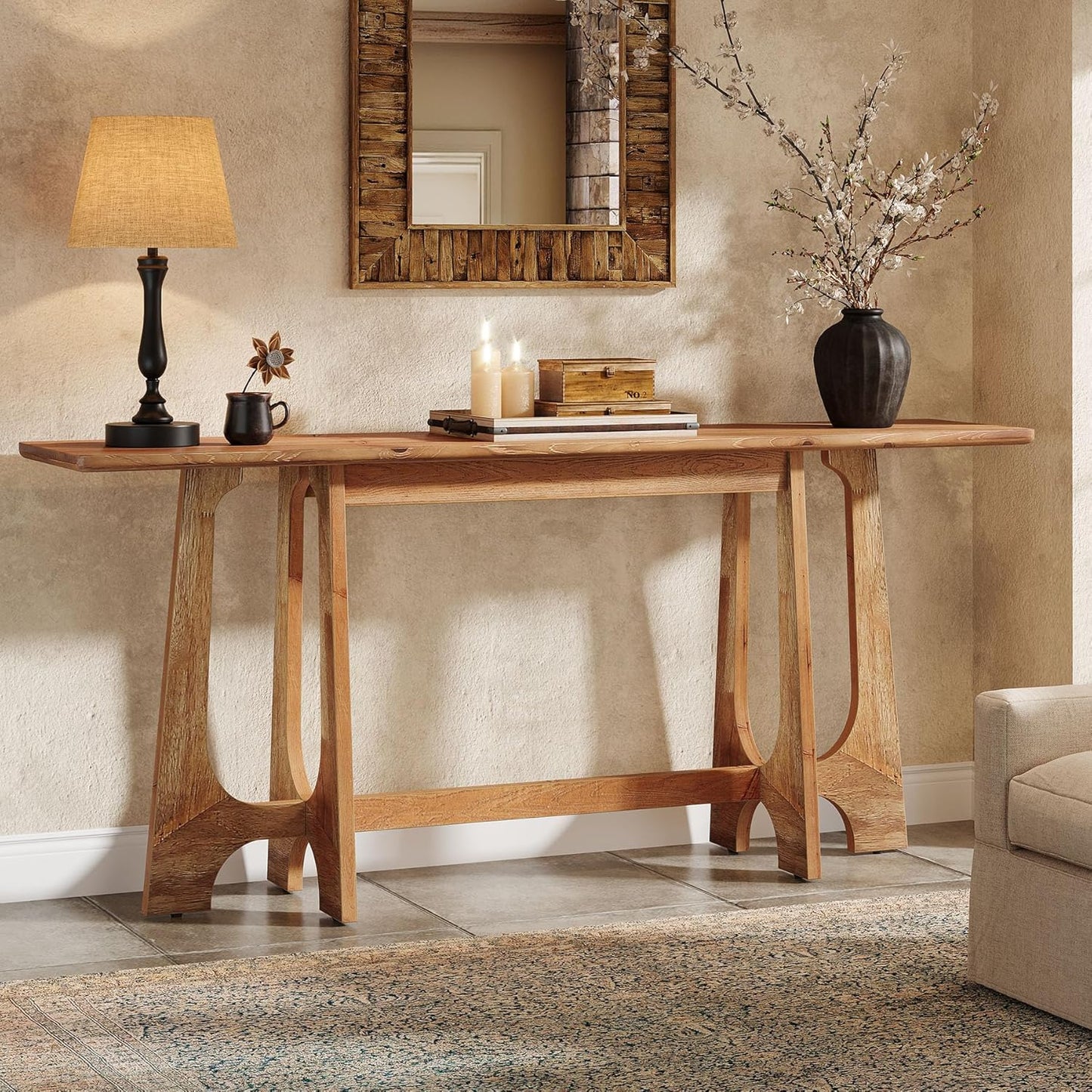 TRIBEWOOD 63-Inch Solid Wood Console Table, Farmhouse Long Sofa Table Behind Couch with Geometric Base for Entryway, Entrance, Living Room, Walnut Brown
