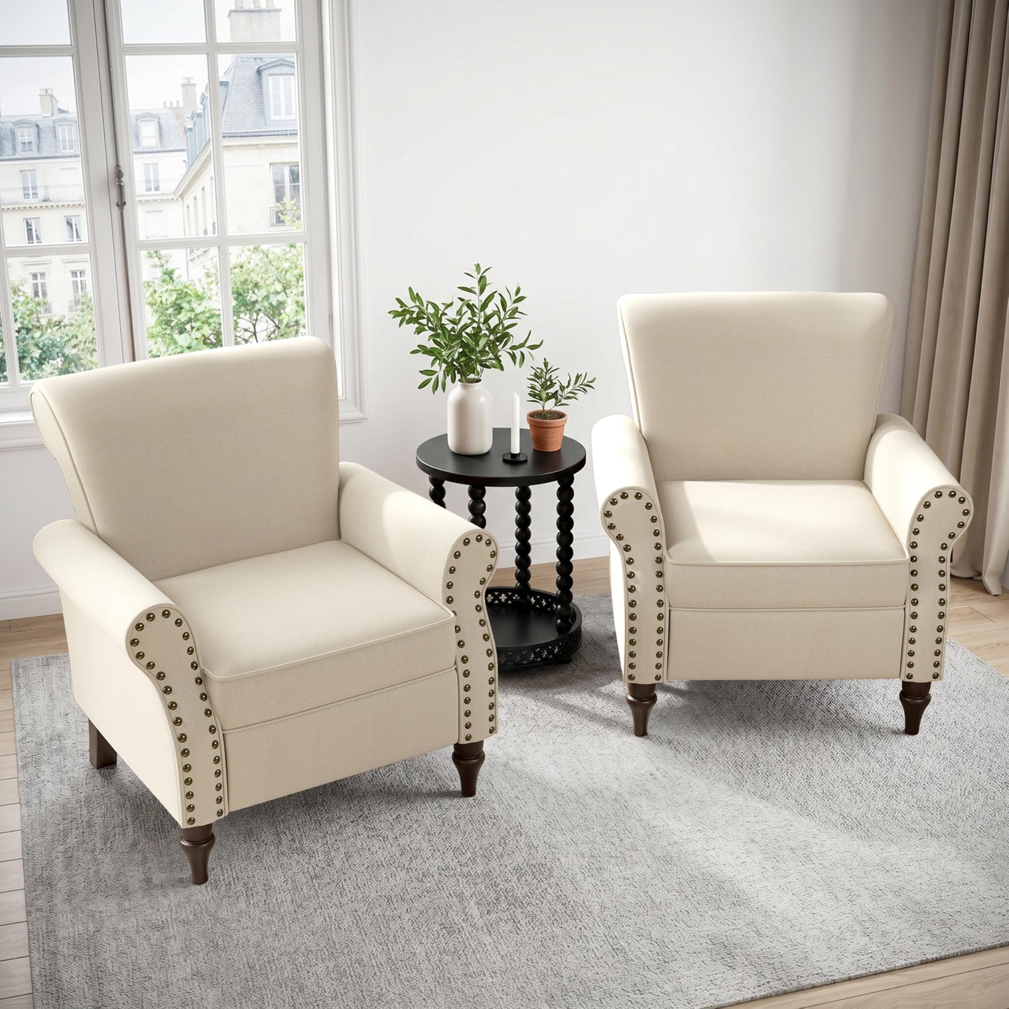 Wingback Accent Chairs Set of 2, Mid-Century Modern Upholstered Armchair Living Room Chair with Nailhead Trim & Rolled Armrest, Comfy Lounge Chair Single Sofa Chair for Bedroom, Light Blue