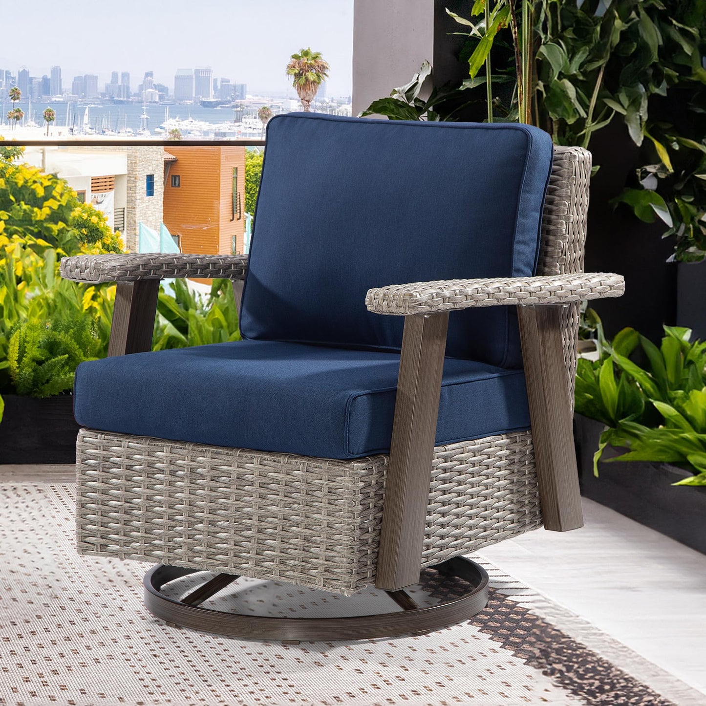 Joyside Patio Chair - Outdoor 360 Degree Swivel Rocker Chair with Durable Fabric Cushion and Ergonomic Structure, Patio Wicker Dining Chair(Grey/Dark Blue)