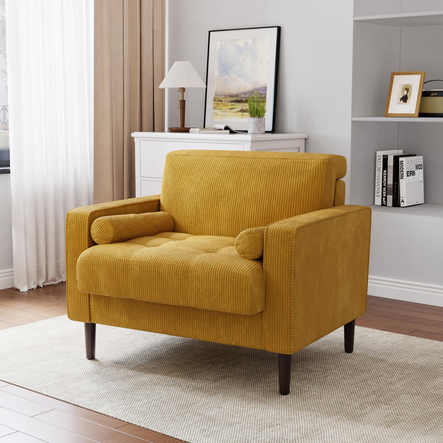 34.5" Arm Chair, Corduroy Fabric Modern Accent Chair, Comfy Upholstered Armchair Reading Chair with Solid Wood Legs for Living Room Bedroom Office, Yellow
