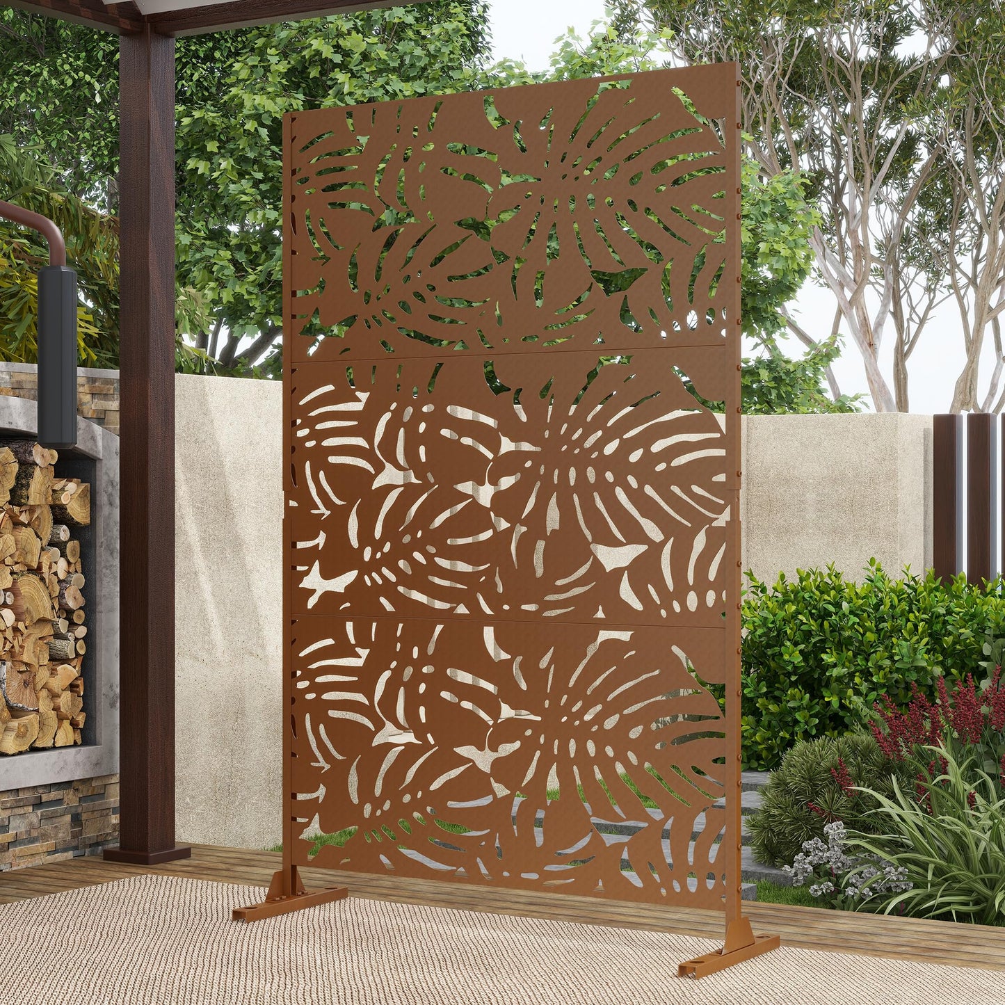 Outdoor Metal Privacy Screen with Stand, 72" H x 47" W Freestanding Outdoor Patio Divider, Decorative Patio Privacy Fence Panel for Garden Backyard Balcony Porch (Brown-Crossbanding)