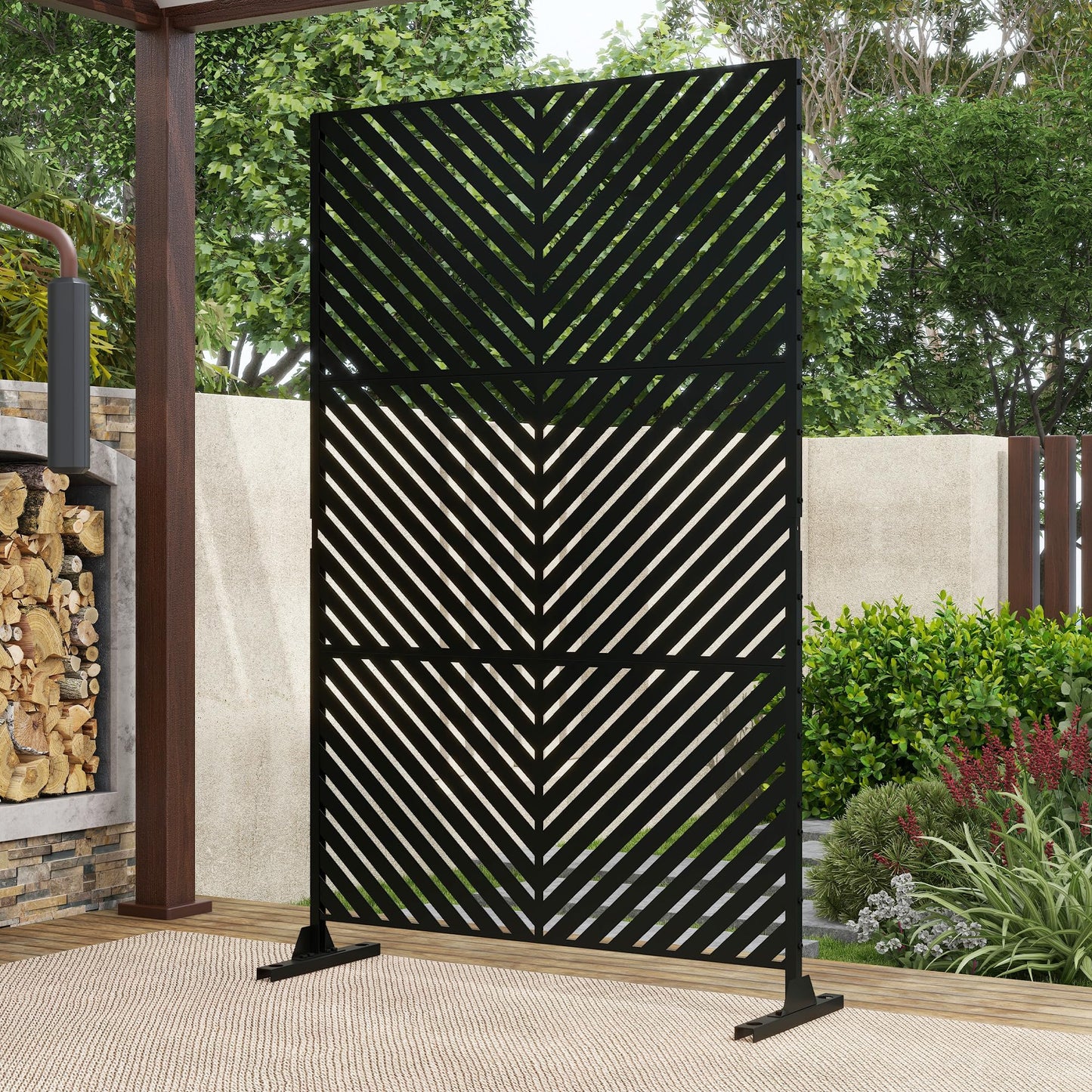 Outdoor Metal Privacy Screen with Stand, 72" H x 47" W Freestanding Outdoor Patio Divider, Decorative Patio Privacy Fence Panel for Garden Backyard Balcony Porch (Brown-Crossbanding)
