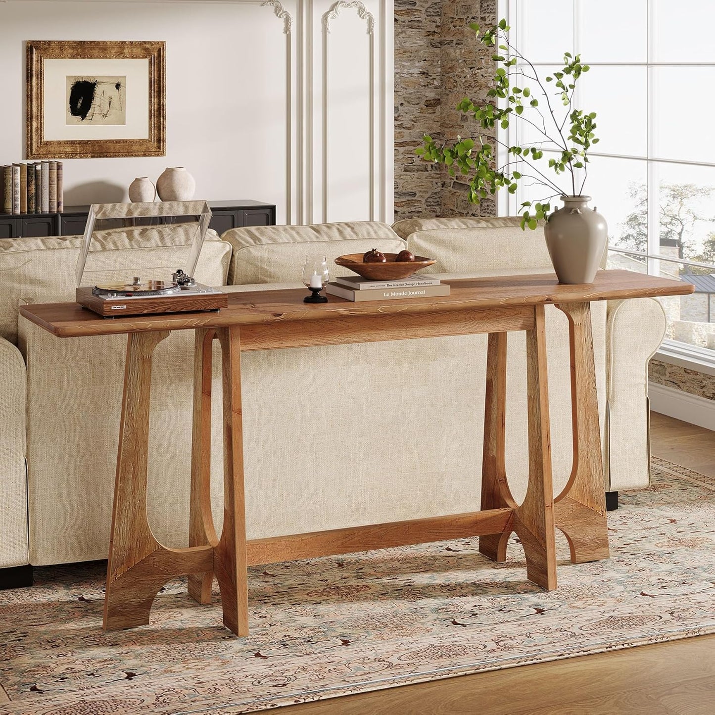 TRIBEWOOD 63-Inch Solid Wood Console Table, Farmhouse Long Sofa Table Behind Couch with Geometric Base for Entryway, Entrance, Living Room, Walnut Brown