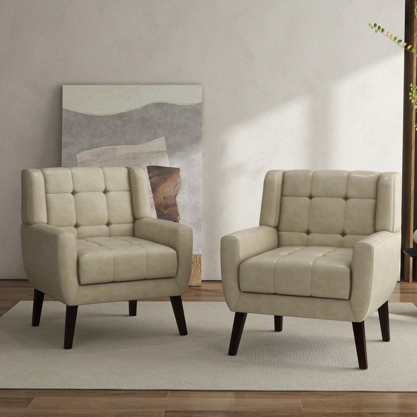 Faux Leather Accent Chairs Set of 2, Mid-Century Modern Upholstered Armchair, Comfy Living Room Chairs Reading Chairs with Button Tufted Back & Solid Wood Legs for Bedroom, Office, Black