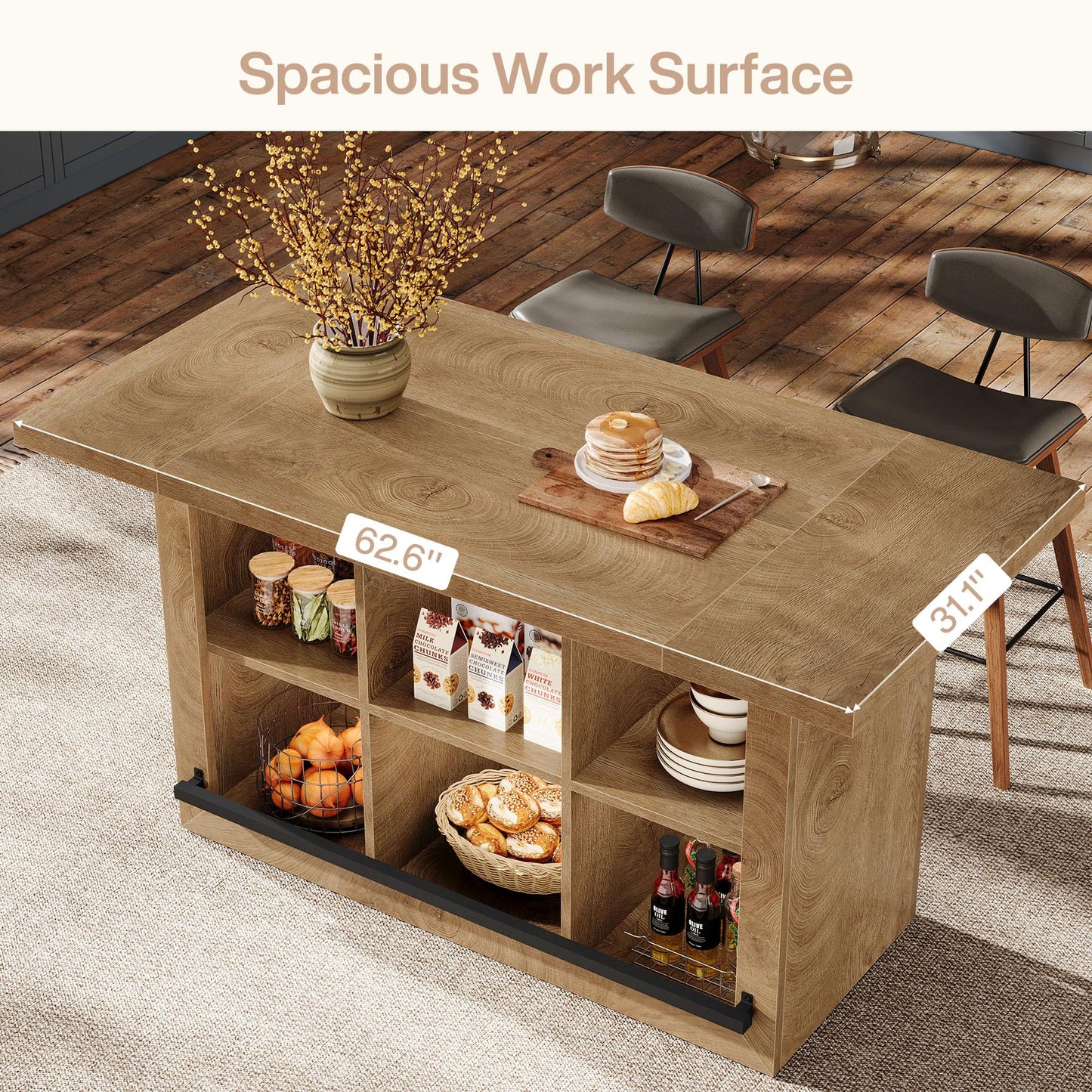 Tribesigns Kitchen Island with Storage, Counter Height Kitchen Island Table with 6 Open Cubbies and Footrests, Coffee Bar Table for Dining Room, Black&Brown