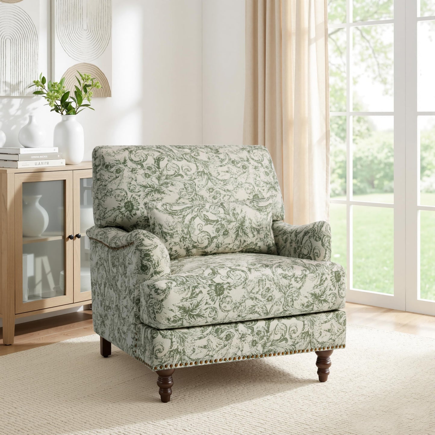Accent Chair for Living Room, Upholstered Armchair with Nailhead Trim & Solid Wood Legs, Mid Century Modern Club Chair for Bedroom/Reading Room, Rococo Green