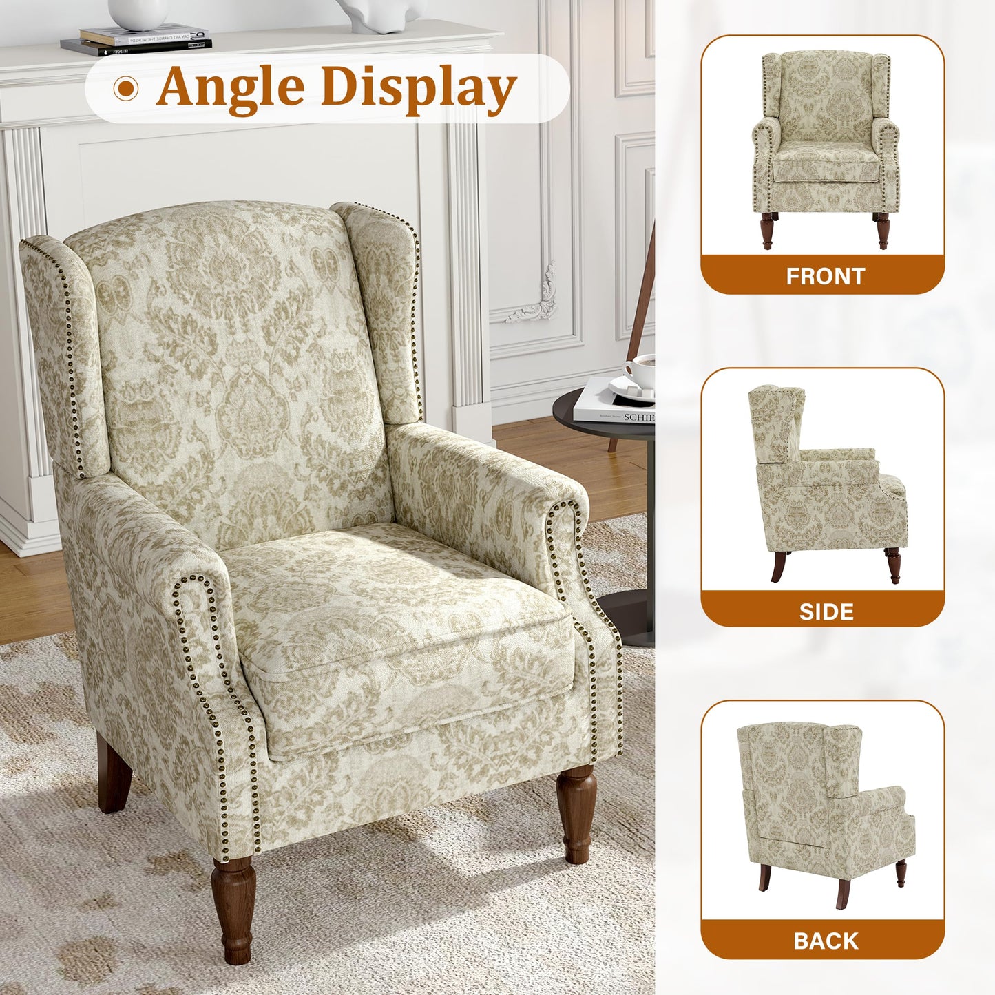Floral Wingback Accent Chair, High Back Upholstered Armchair, Comfy Fabric Wingback Arms Chairs with Solid Wood Legs, Single Sofa Reading Chair for Bedroom Living Room, Beige