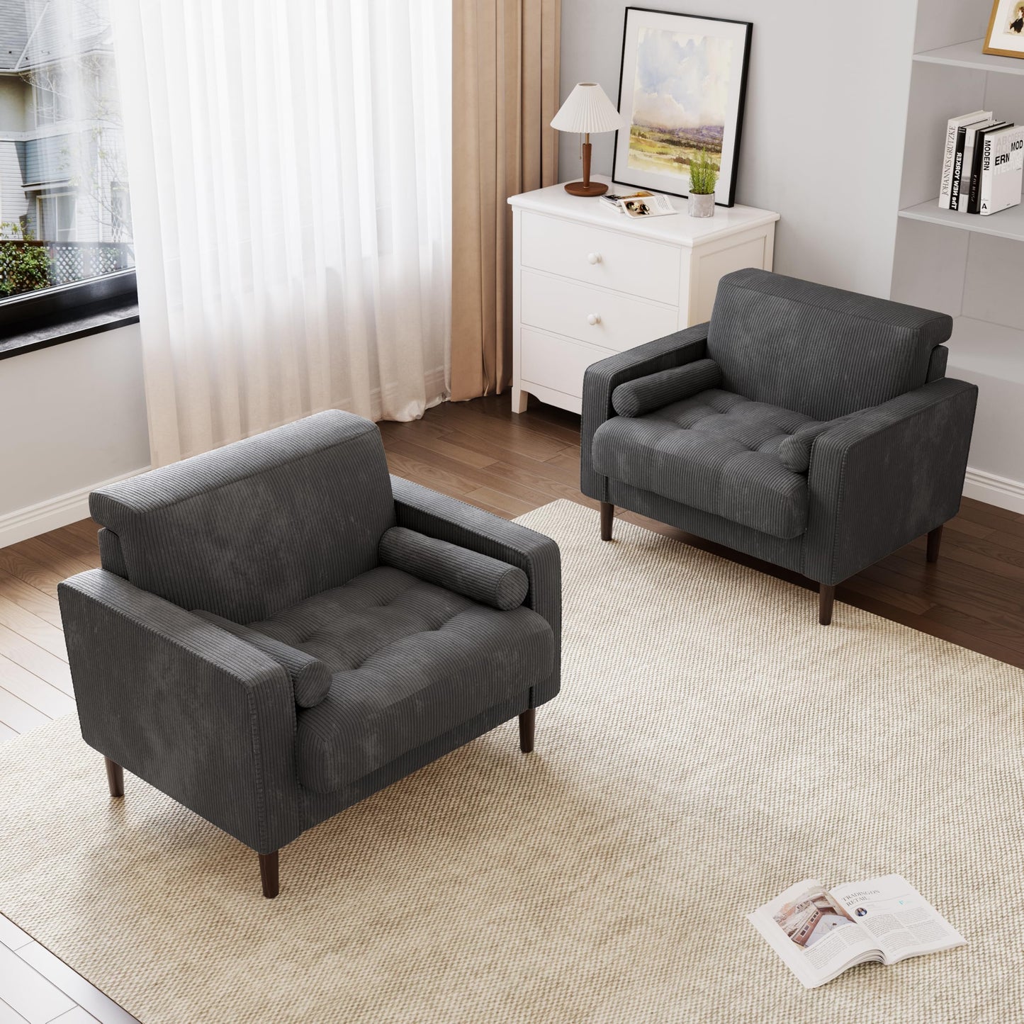 34.5" Arm Chair, Corduroy Fabric Modern Accent Chair, Comfy Upholstered Armchair Reading Chair with Solid Wood Legs for Living Room Bedroom Office, Yellow