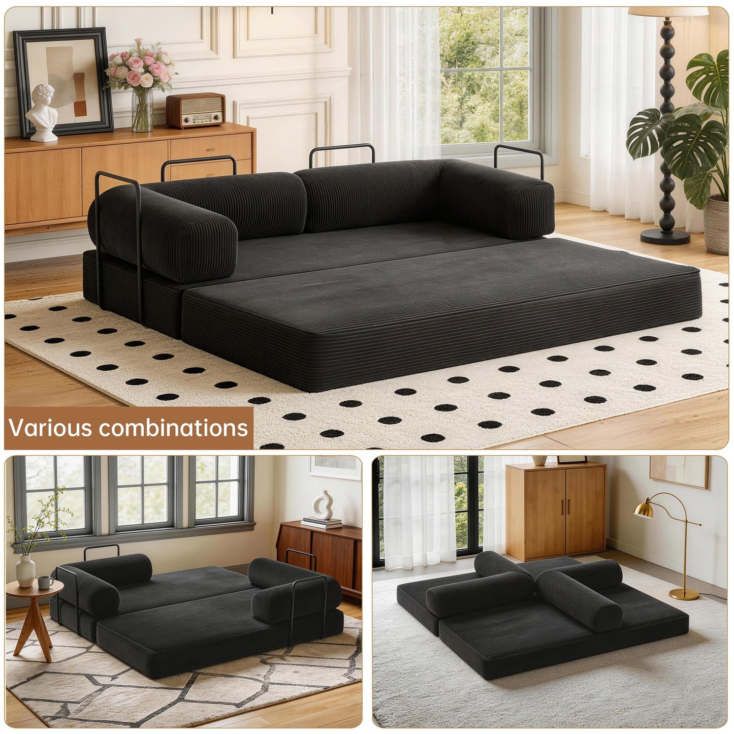 79'' Convertible Sleeper Sofa Bed, 4-in-1 Corduroy Folding Floor Couch, No Assembly Modular Boneless Loveseat with Pull Out Bed, Comfy Foldable Sofa Bed for Living Room Bedroom Guest Room, Gray