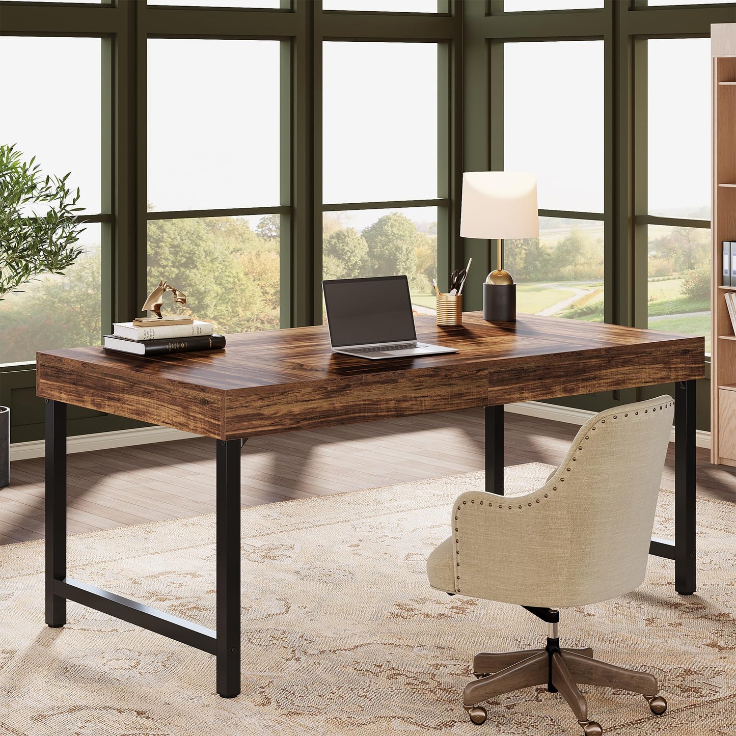 Tribesigns 55" Industrial Executive Desk for Home Office, Rustic Simple Computer Laptop Desk with Strong Metal Legs, Study Writing Table Business Workstation, Small Conference Table