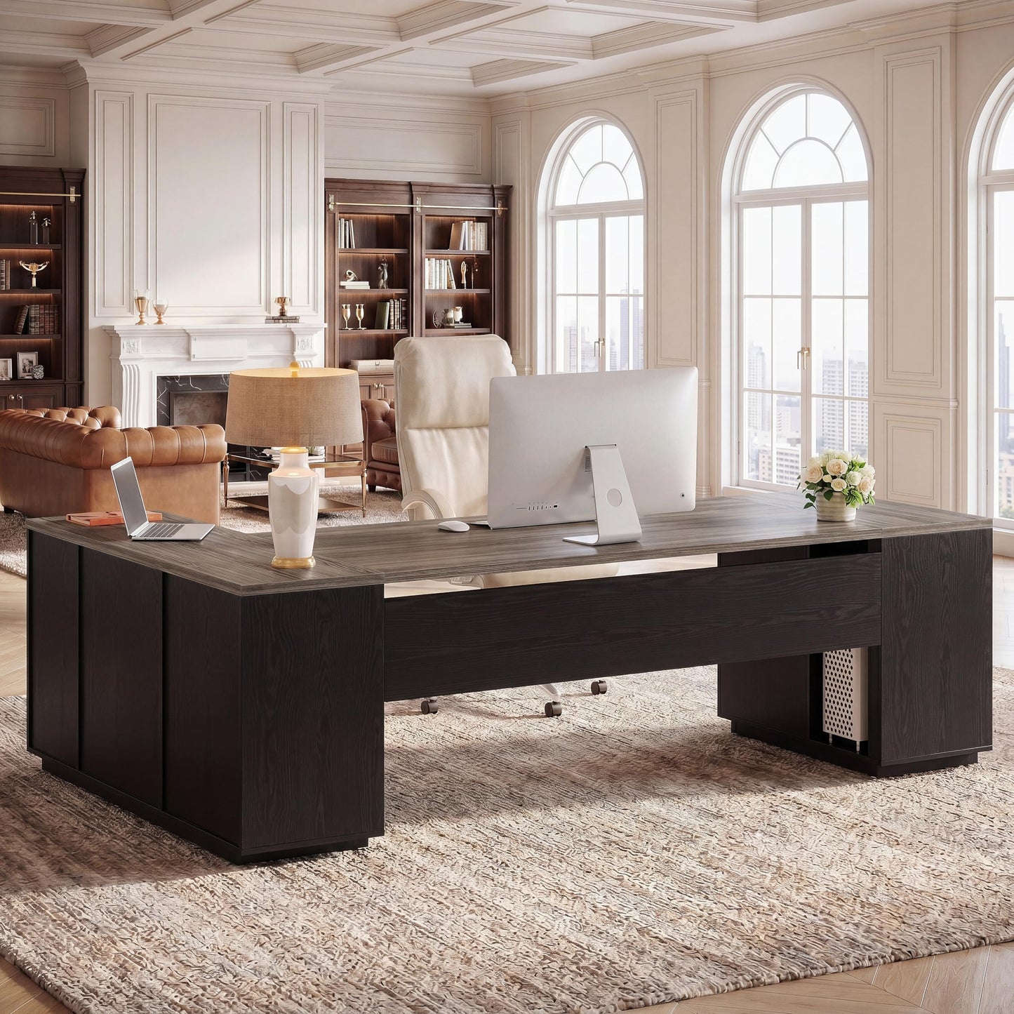 Tribesigns 85.8-Inch L-Shaped Executive Desk with File Drawers, Door Cabinet & Shelves, Extra Large Commercial Office Desk, Modern Professional Office Table, Business Furniture, Warm Brown & Black