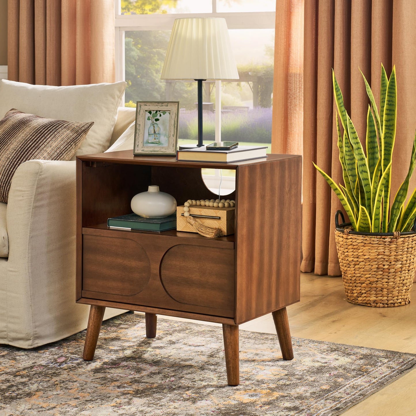 LKTART Night Stand with Charger Station, Wood Bed Side Table with Drawers,Mid Century Modern Nightstand with Solid Wood Feet,End Tables for Bedroom Walnut