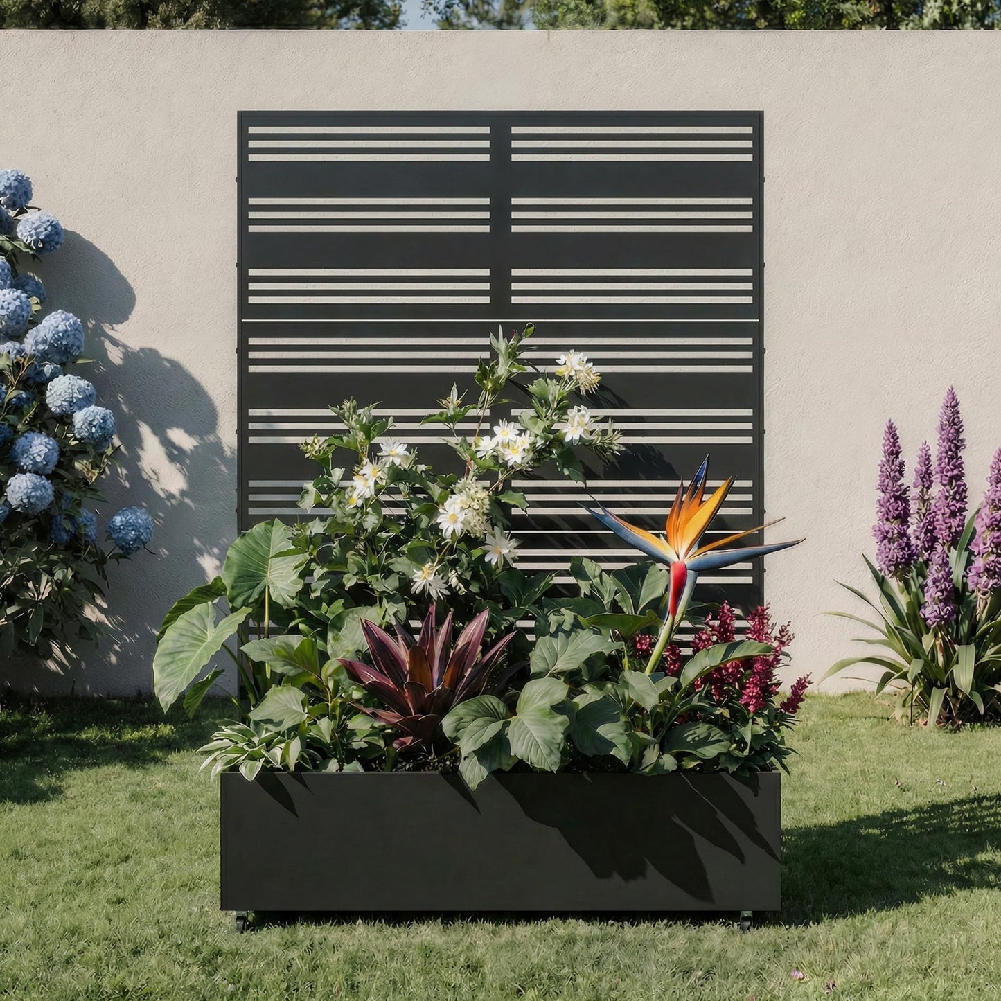 Metal Raised Garden Bed with Trellis and Wheels, 71"x47"x16" Planter Box with Privacy Screen & Drainage Holes, Arched Outdoor Garden Bed for Climbing Plants, Vegetables, Flowers (Black-Square)