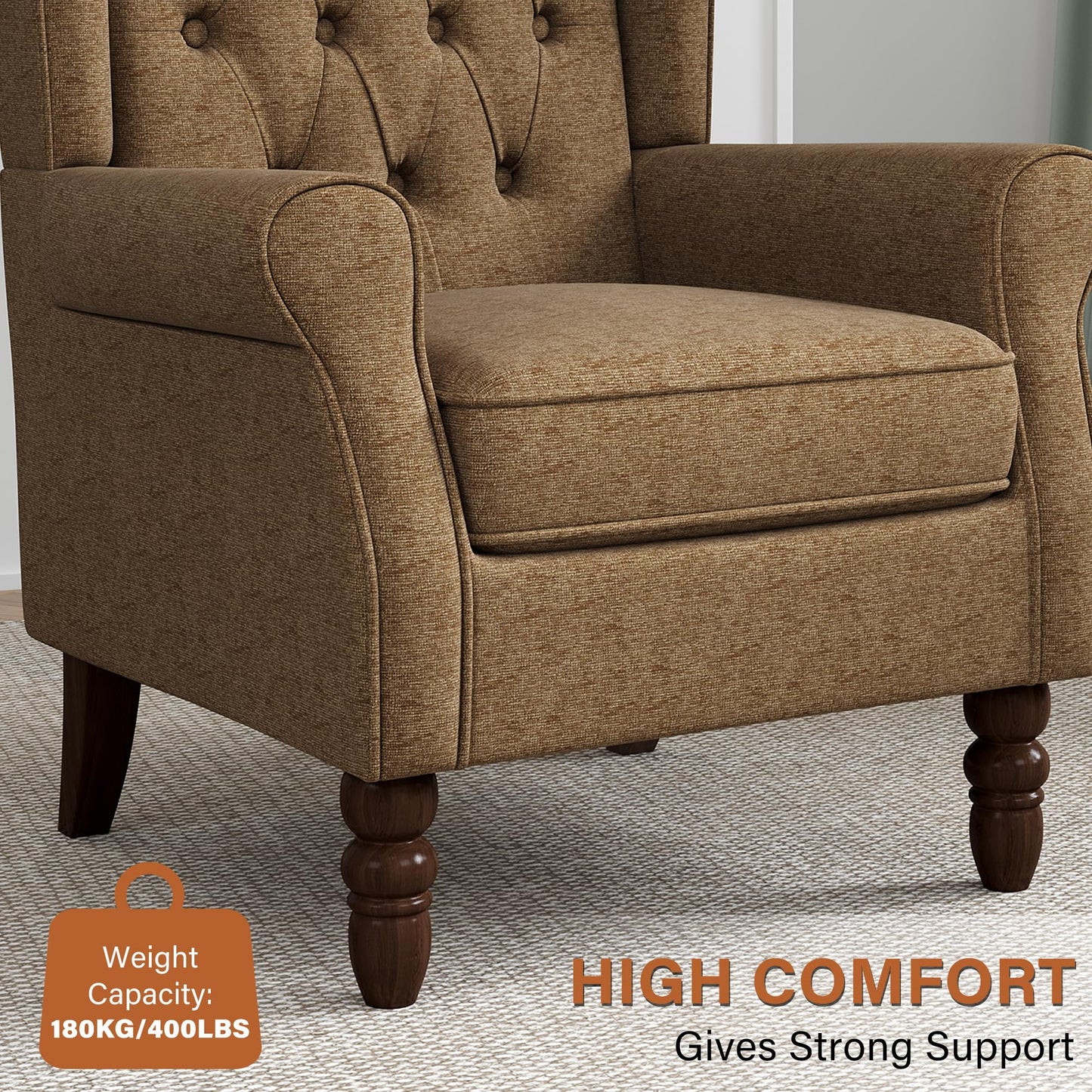 Faux Leather Wingback Chairs Set of 2, High Back Accent Chair for Living Room, Button-Tufted Upholstered Armchair with Solid Wood Legs, Comfy Reading Chair for Bedroom, Brown