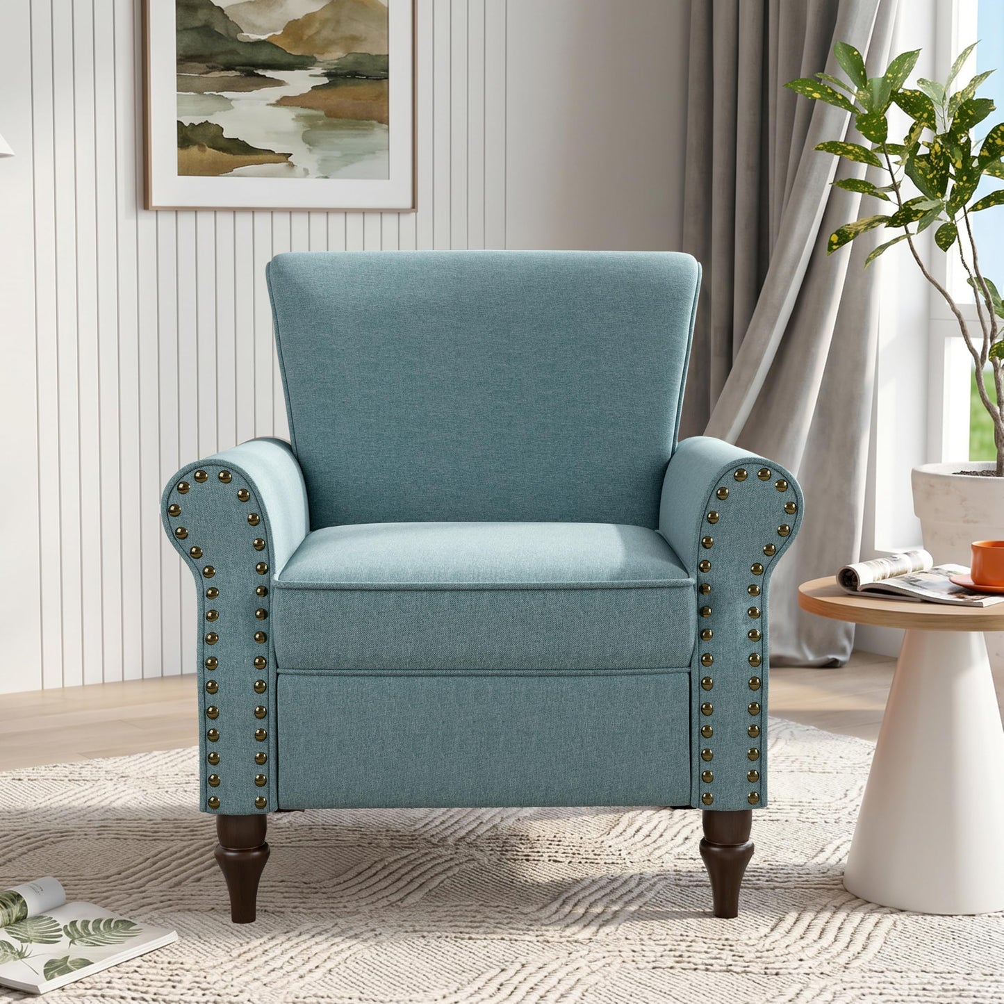 Wingback Accent Chairs Set of 2, Mid-Century Modern Upholstered Armchair Living Room Chair with Nailhead Trim & Rolled Armrest, Comfy Lounge Chair Single Sofa Chair for Bedroom, Light Blue