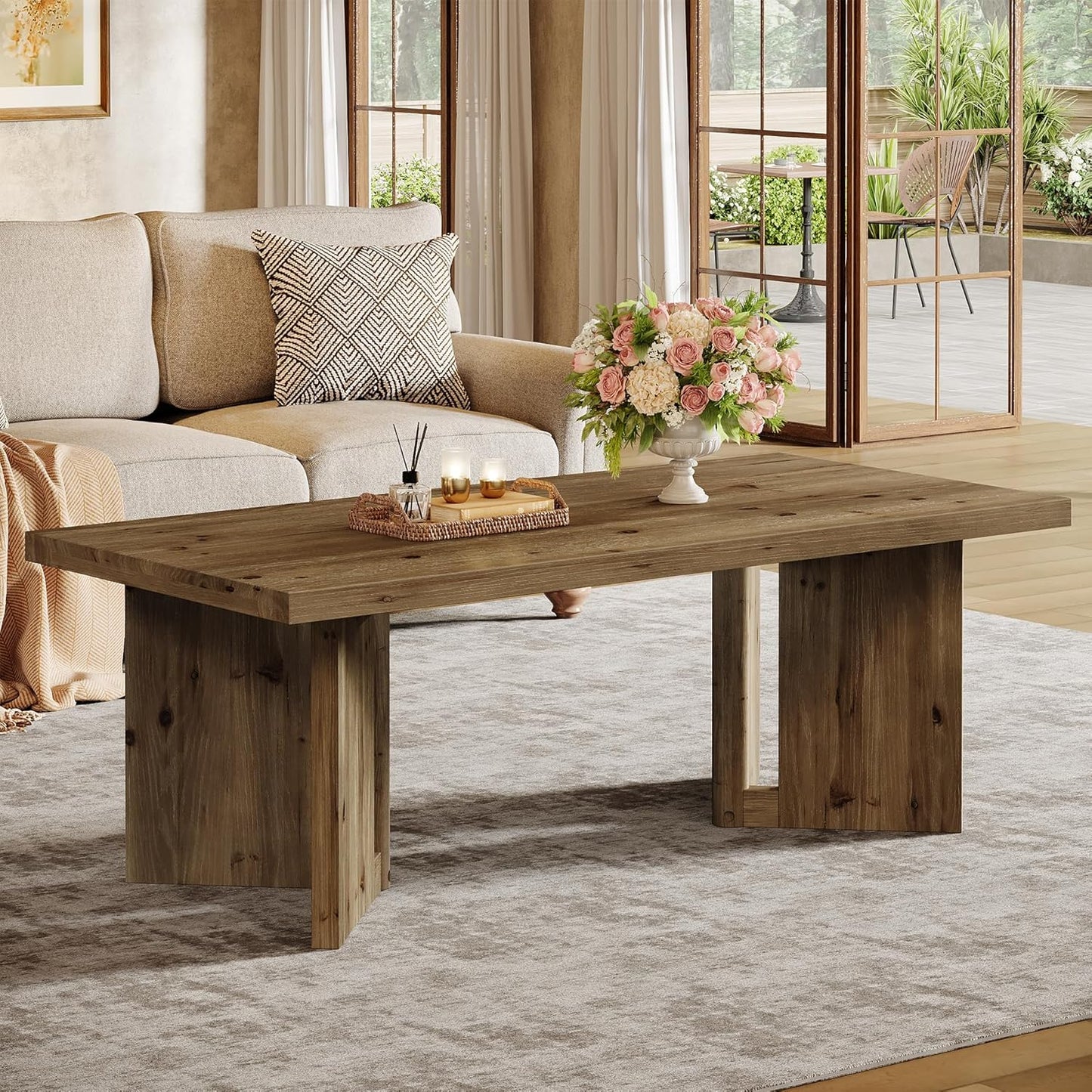 Wood Coffee Table, 47-Inch Farmhouse Rectangle Center Table with Triangle Legs, Rustic Long Tea Table for Living Room, Brown