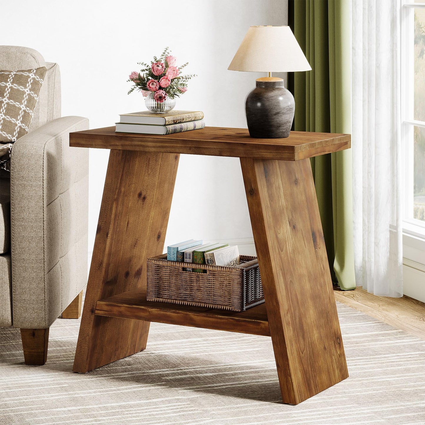 Solid Wood End Table for Living Room, Narrow Small Side Table with 2-Tier Storage, Farmhouse Bedside Nightstand for Bedroom, Small Places, Rustic Brown (1PCS)
