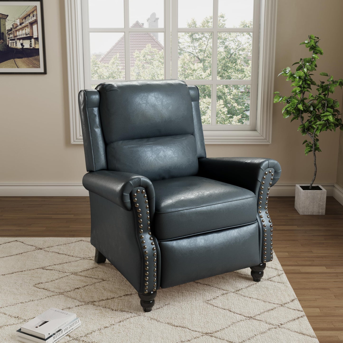 Pushback Recliner Chairs Set of 2, Comfy Fabric Wingback Recliner Chair, Upholstered Armchair Push Back Recliner with Wood Legs, Rivet Trim Accent Chair for Living Room, Bedroom, Blue Stripe