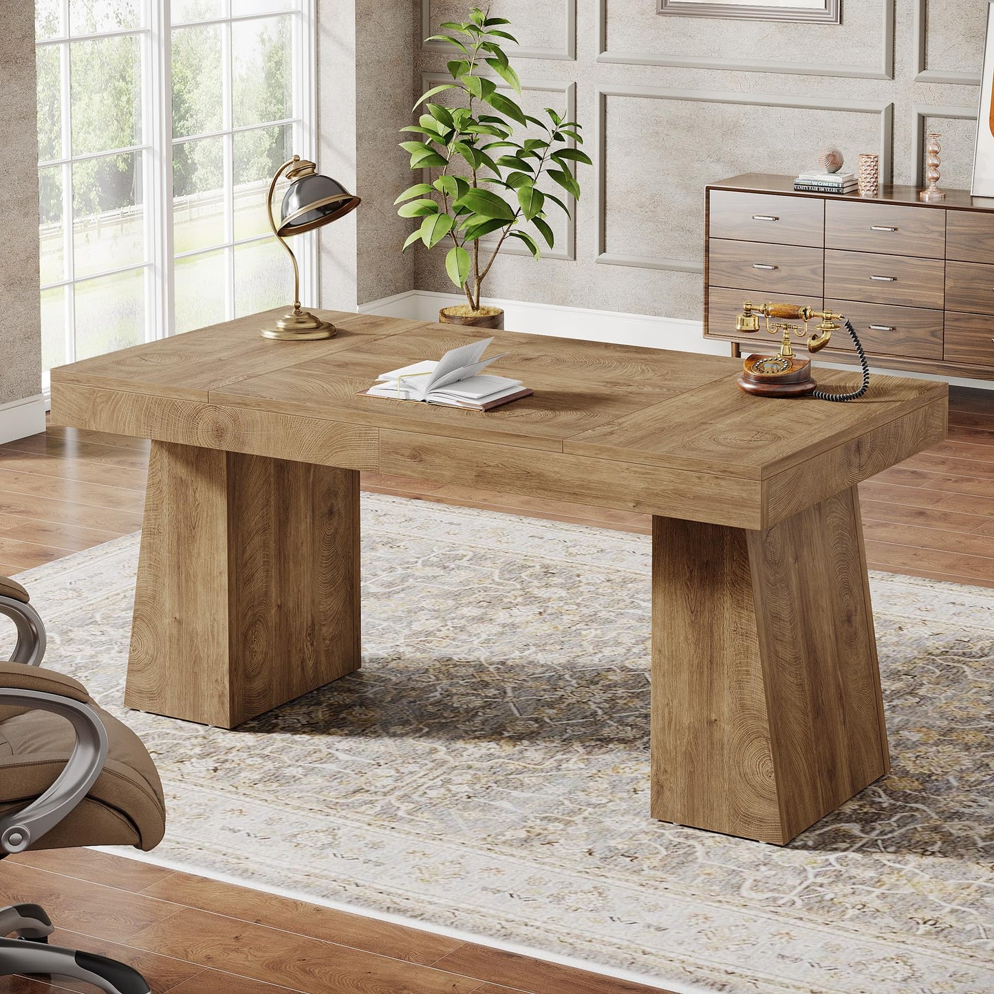 Tribesigns 55 Inches Executive Desk, Mid-Century Modern Home Office Desk, Wood MDF Computer Table Business Workstation Small Conference Table, Light Brown