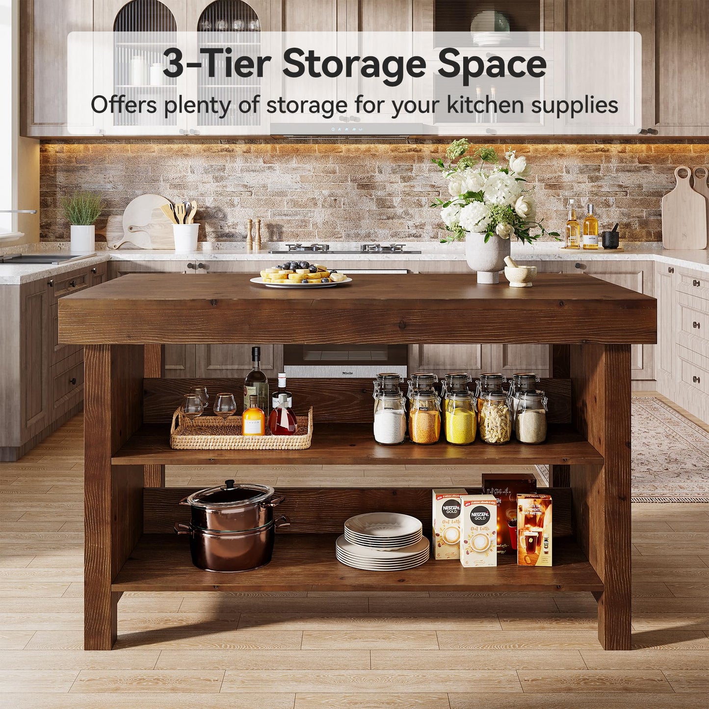 Solid Wood Large Kitchen Island, 3-Tier 55 Inch Stationary Center Island Table with Open Storage Shelves, Farmhouse Counter Height Coffee Bar for Kitchen, Dining Room, Living Room, Brown