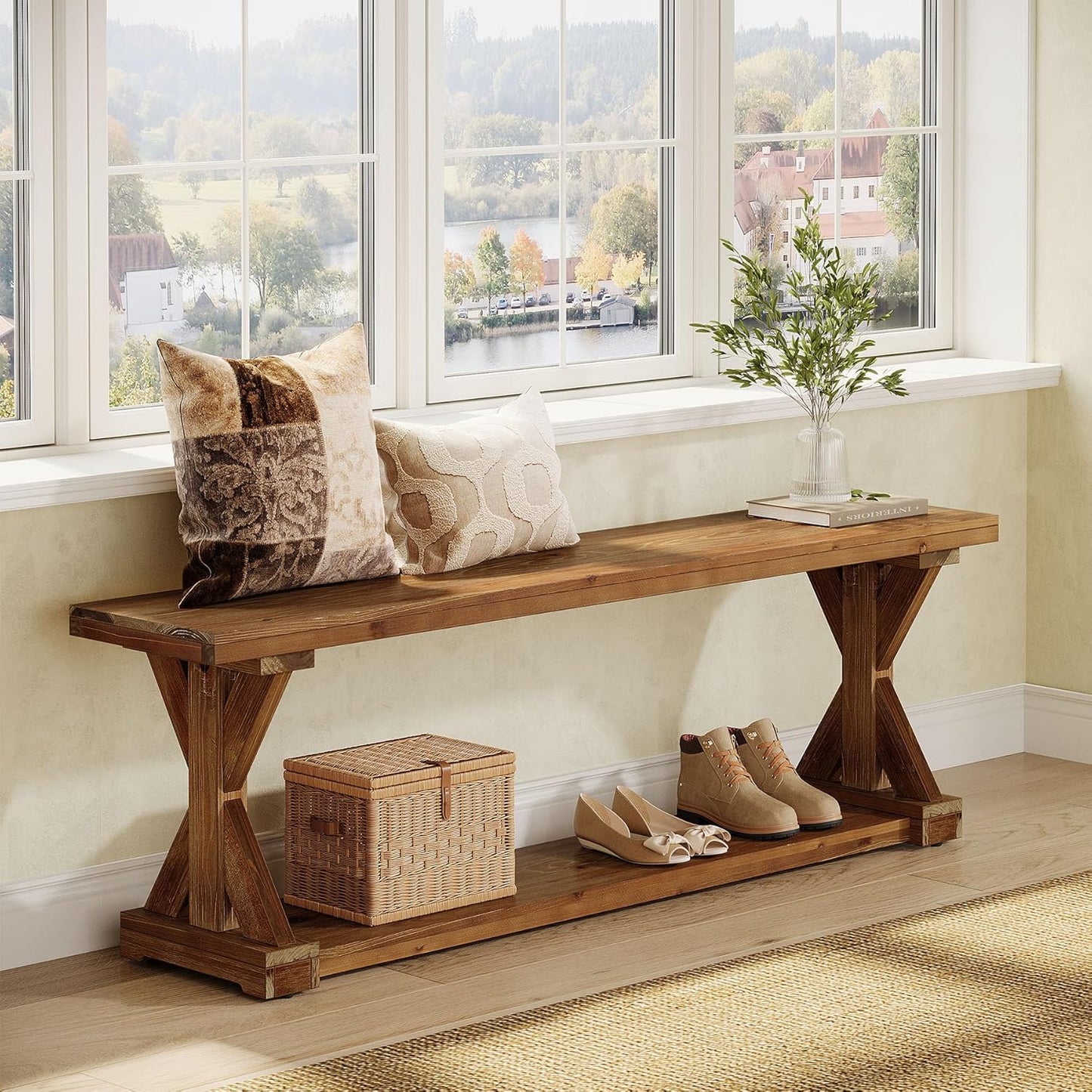 59-Inch Solid Wood Entryway Bench, 2-Tier Narrow Farmhouse Foyer Shoe Bench with Open Shelf for Hallway, Mudroom, Bedroom, Natural Brown