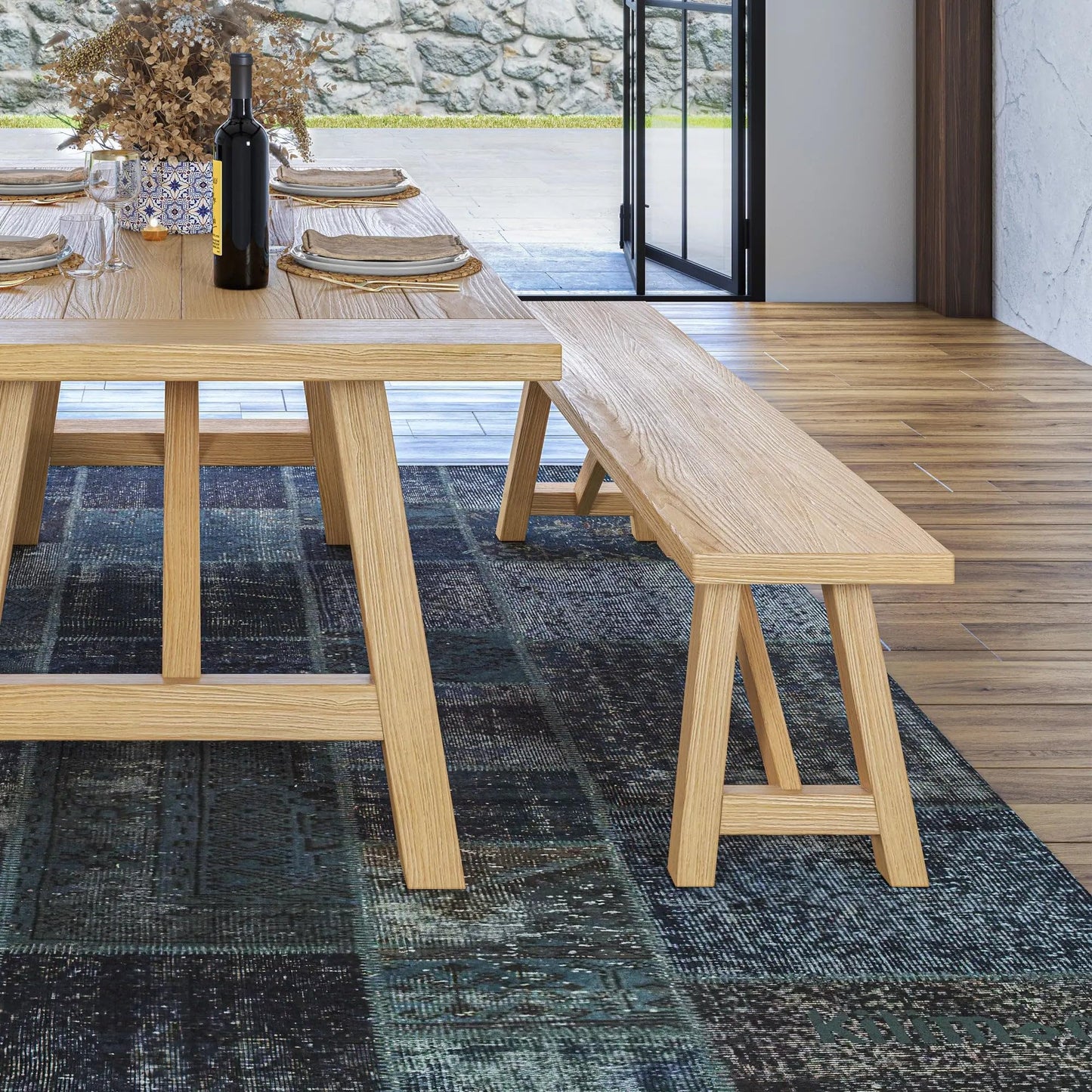 Grain Wood Furniture Solid Wood Cascais 72" Rectangular Table with Farmhouse Base in Blonde Oak Top and Base