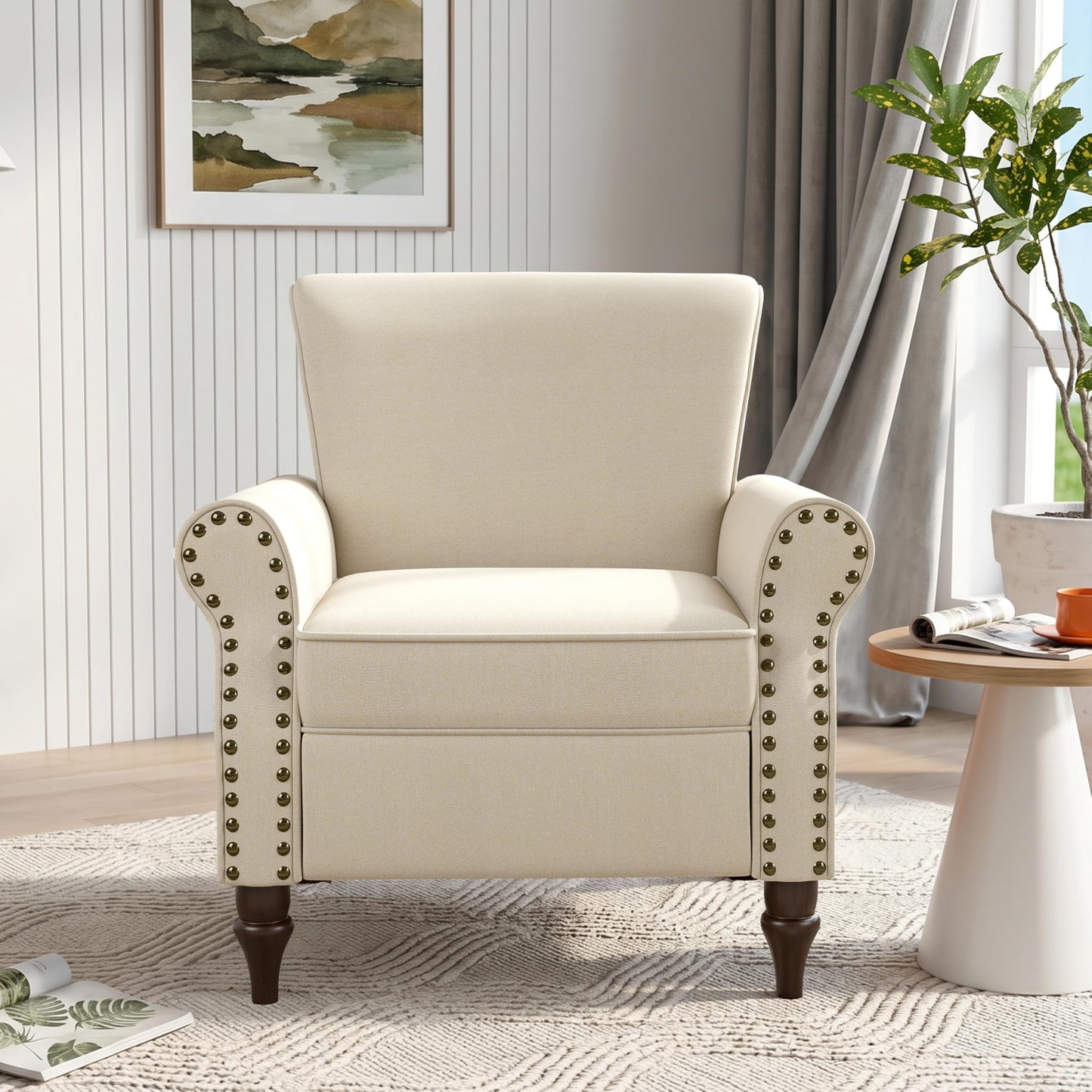 Wingback Accent Chairs Set of 2, Mid-Century Modern Upholstered Armchair Living Room Chair with Nailhead Trim & Rolled Armrest, Comfy Lounge Chair Single Sofa Chair for Bedroom, Light Blue