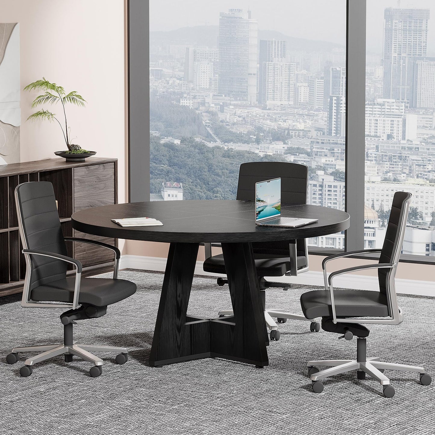 Tribesigns 47-Inch Round Conference Table for 4-6 People, Wooden Meeting Room Table with Thicken Tabletop and Wood Base (Grey)