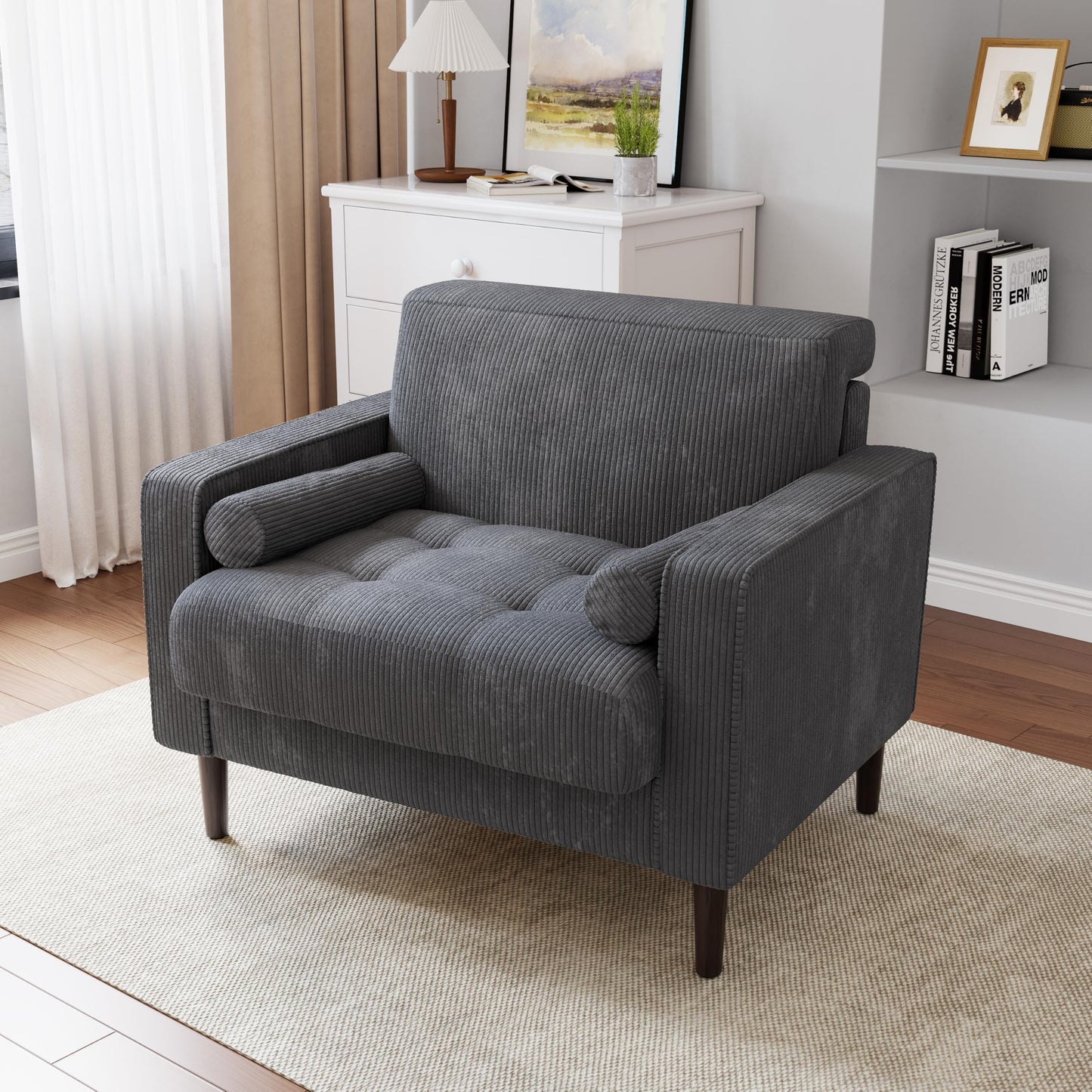 34.5" Arm Chair, Corduroy Fabric Modern Accent Chair, Comfy Upholstered Armchair Reading Chair with Solid Wood Legs for Living Room Bedroom Office, Yellow