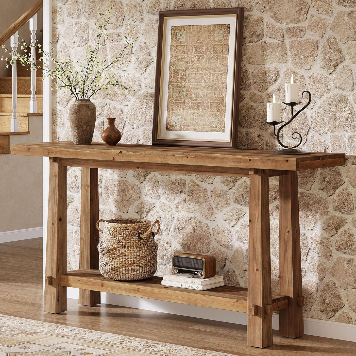 63" Solid Console Table, Farmhouse 2-Tier Wood Entryway Sofa Table for Living Room, Hallway, Easy Assembly, Natural Rustic Brown