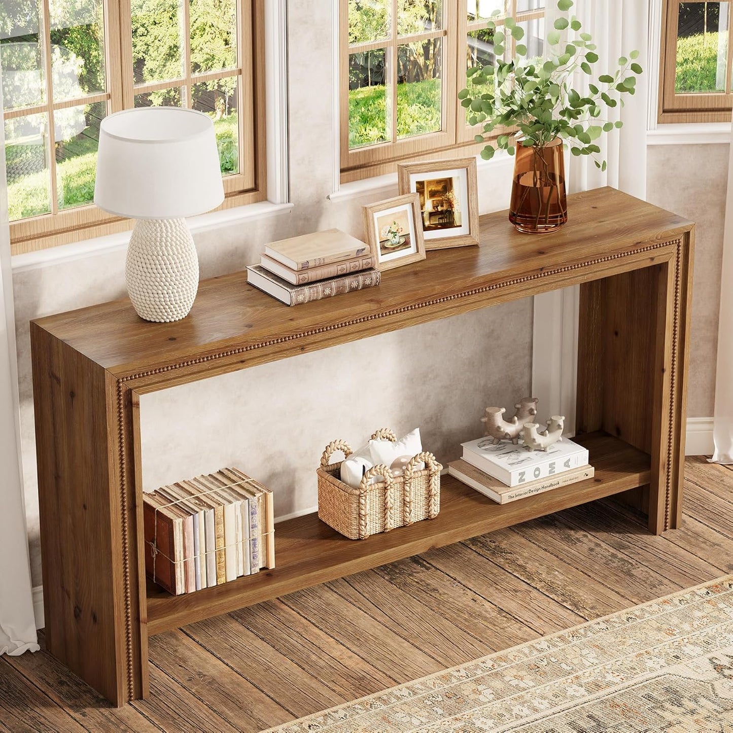 63" Solid Wood Console Table, Farmhouse Narrow Long Entryway Table with 2-Tier Storage Shelf for Living Room, Hallway, Entryway, Easy Assembly, Brown