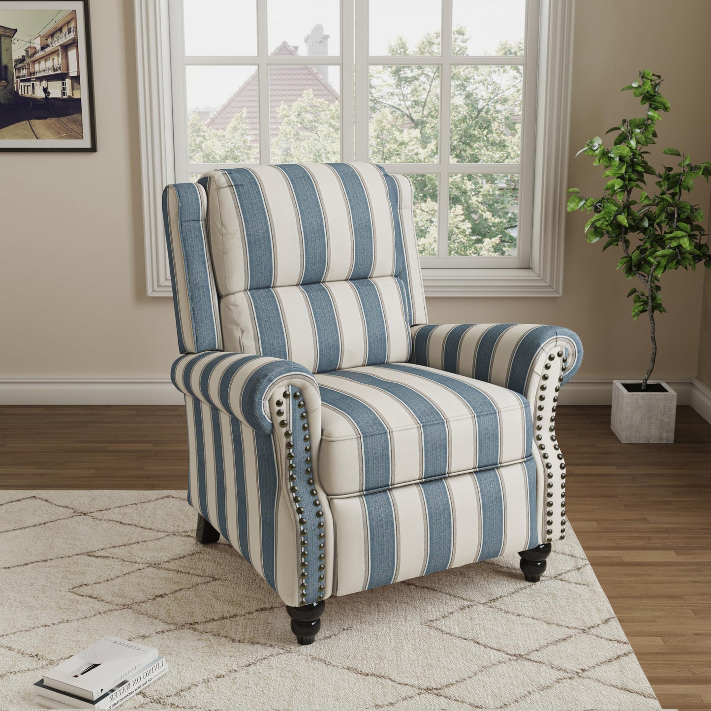 Pushback Recliner Chairs Set of 2, Comfy Fabric Wingback Recliner Chair, Upholstered Armchair Push Back Recliner with Wood Legs, Rivet Trim Accent Chair for Living Room, Bedroom, Blue Stripe