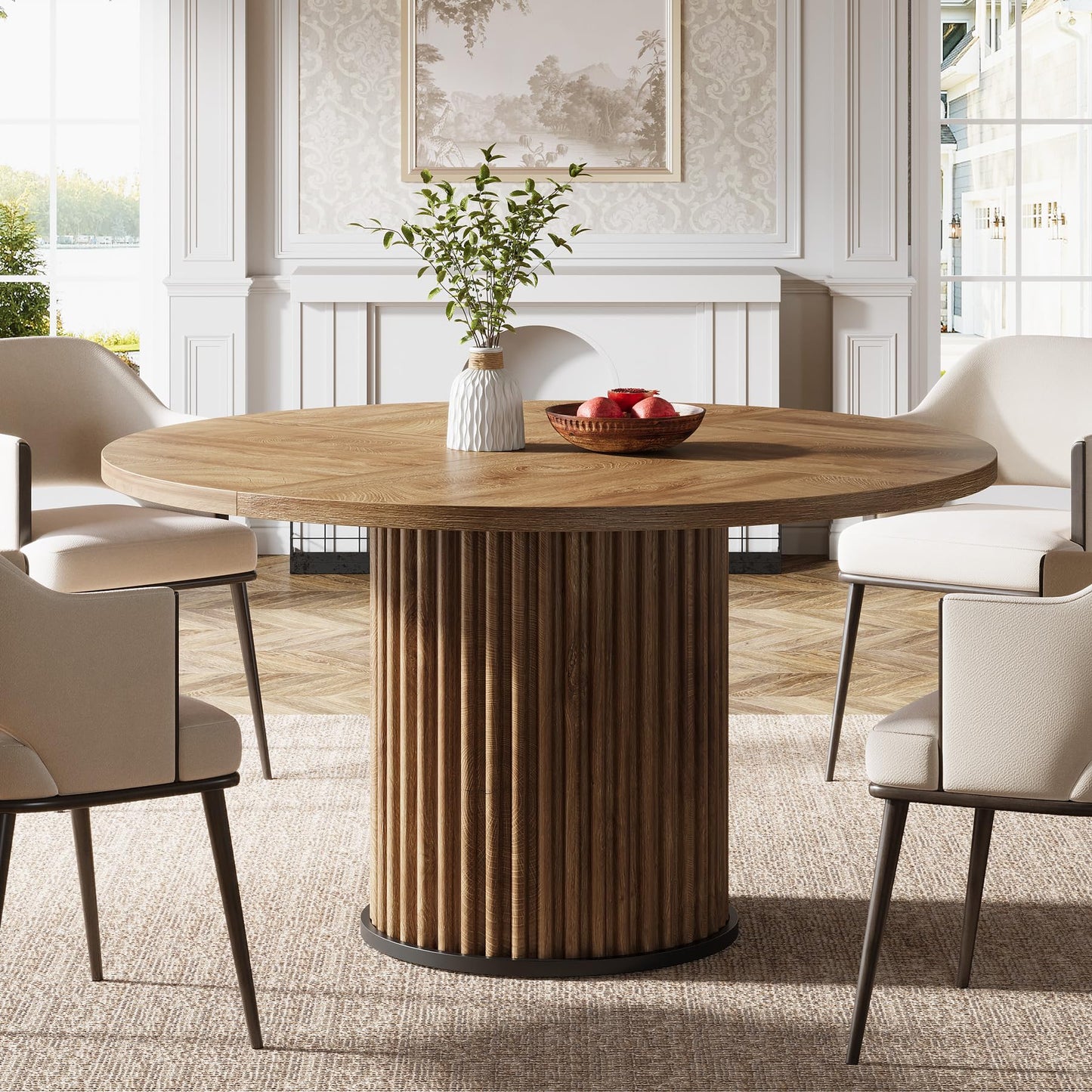 Tribesigns 47.24-Inch Black Round Dining Table for 4-6 People, Modern Fluted MDF + Metal Base Kitchen Table, Sturdy Circle Dining Room Furniture, Black