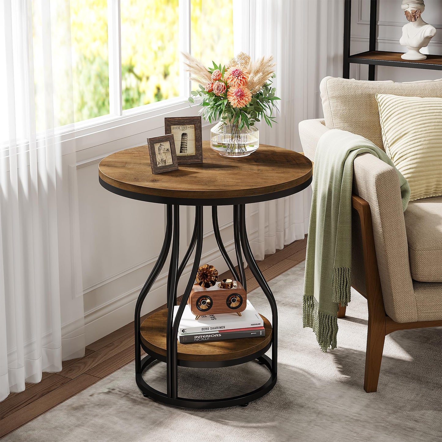 Tribesigns Round Side End Table 2-Tier End Tables Modern Bedside Table Small Chairside Tables with Storage for Couch Side, Nightstand with Metal Frame for Living Room (1, White+Gold)