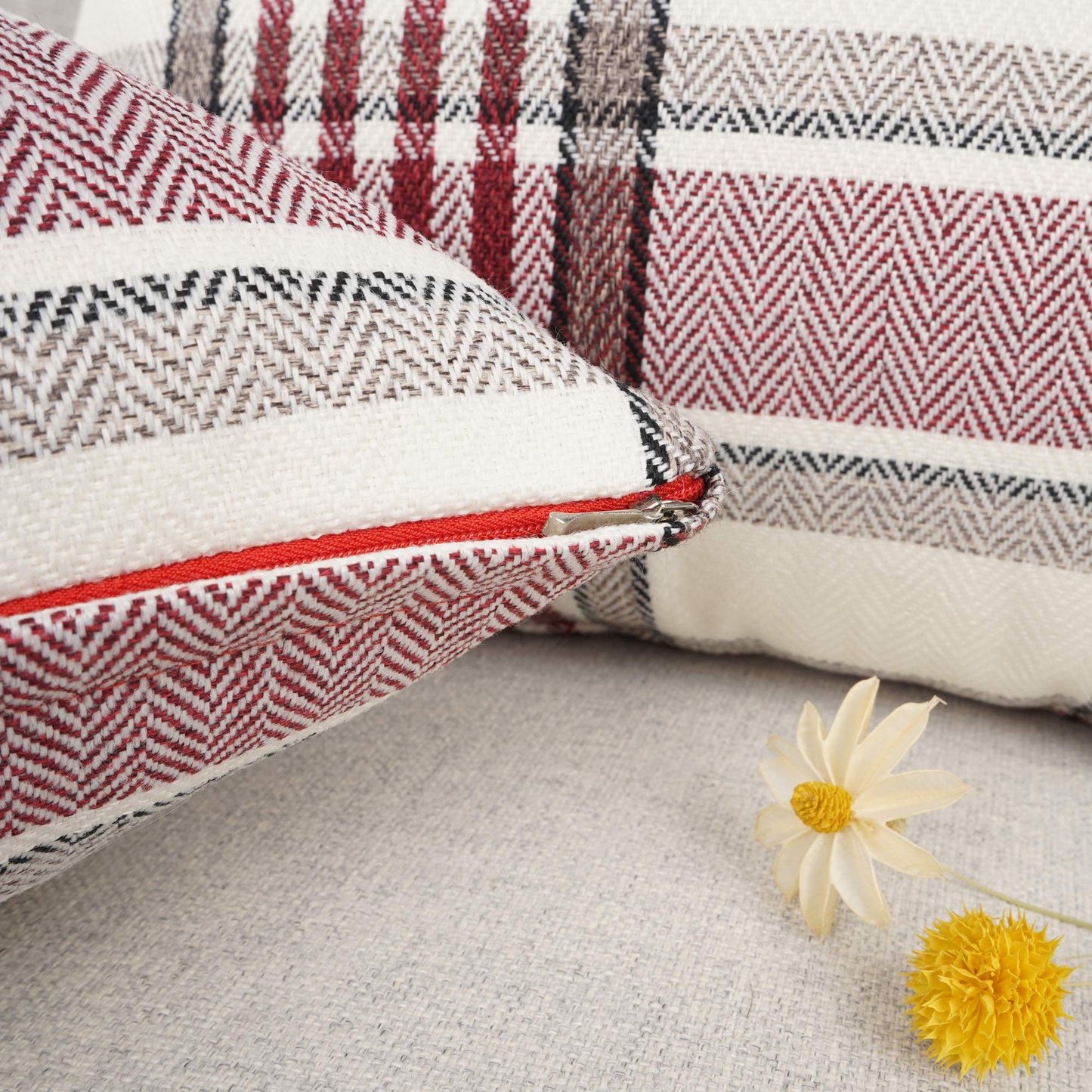 YOUR SMILE Retro Farmhouse Outdoor Buffalo Tartan Chequer Plaid Cotton Linen Decorative Throw Pillow Case Cushion Cover Pillowcase for Sofa 18 x 18 Inch, Set of 2, Khaki/Stripe