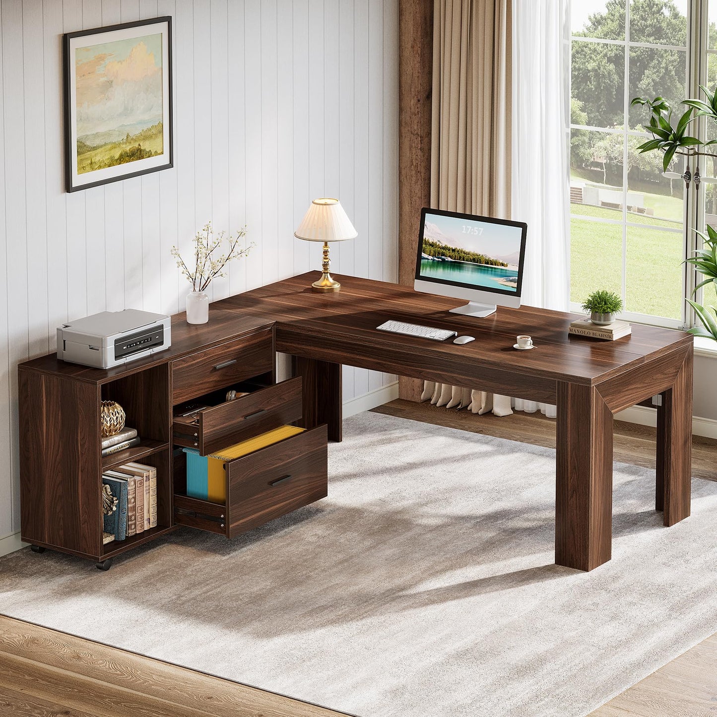 Tribesigns 63" L Shaped Desk with Storage, Executive Office Desk with Rolling File Cabinet Combo, Large Computer Table with Drawers and Shelves, Business Furniture Set for Home Office, Brown