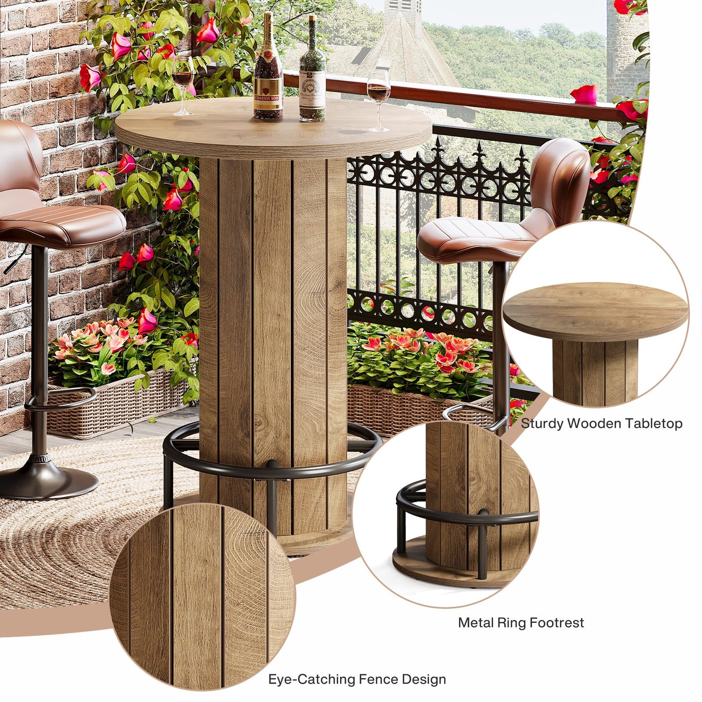 Tribesigns Round Bar Table, 39.4" H Wood Bistro Pub Table with Metal Ring Footrest for Dining Coffee Cocktail Living Room, Small Space, Black (Only Table)