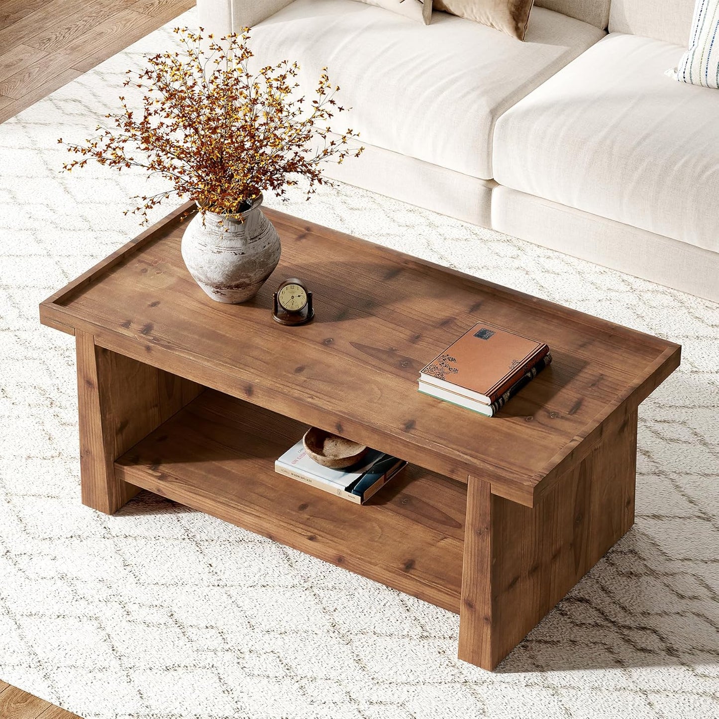 47" Solid Wood Coffee Table with Storage, Farmhouse Rectangular Coffee Table with 2-Tier Shelf & Raised Edge, Living Room Center Table, Rustic Brown