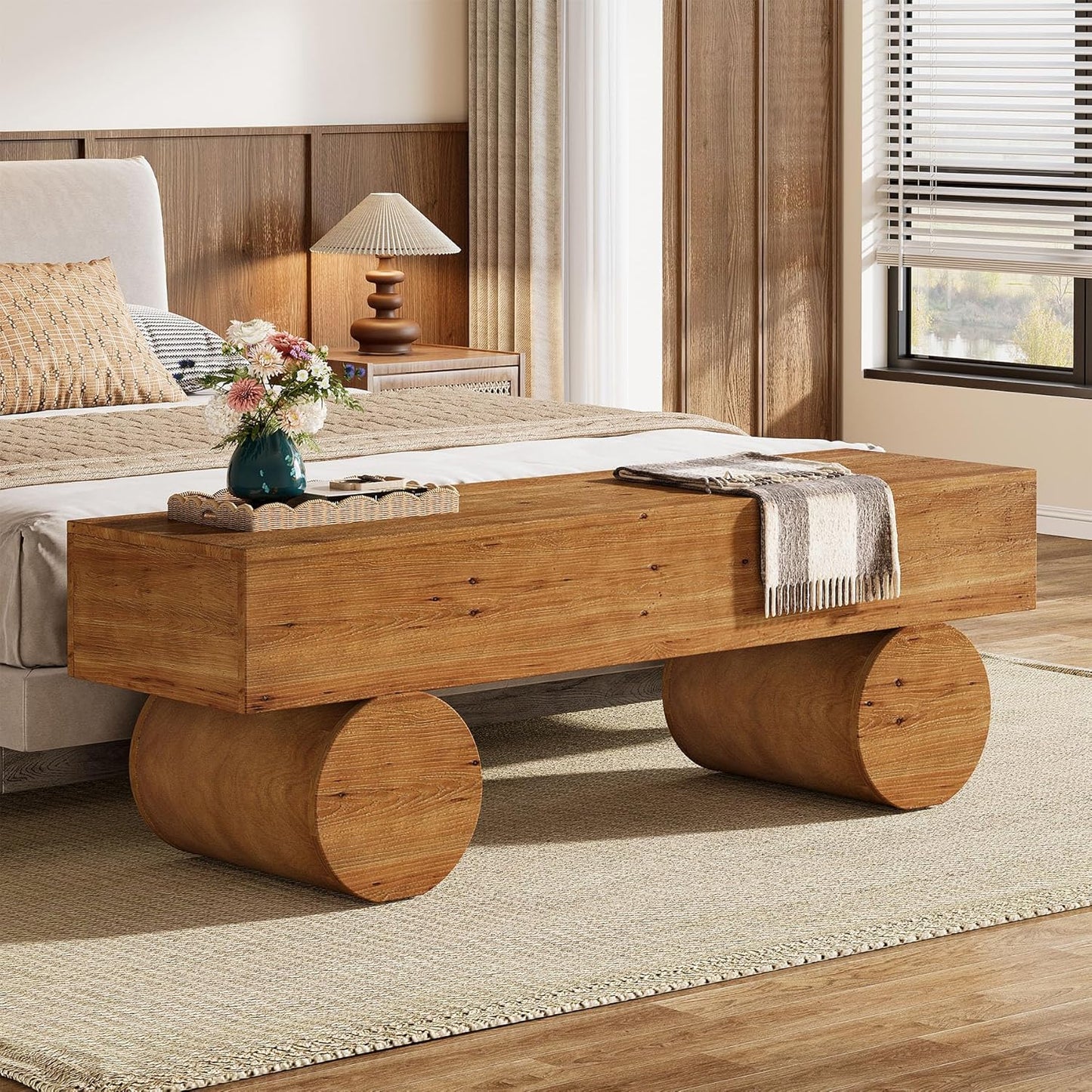 Solid Wood Entryway Bench, 59" Farmhouse Indoor Long End of Bed Bench with Thickened Seat & Cylindrical Legs, Narrow Shoe Bench Seat for Entry, Living Room, Bedroom, Easy Assembly, Brown