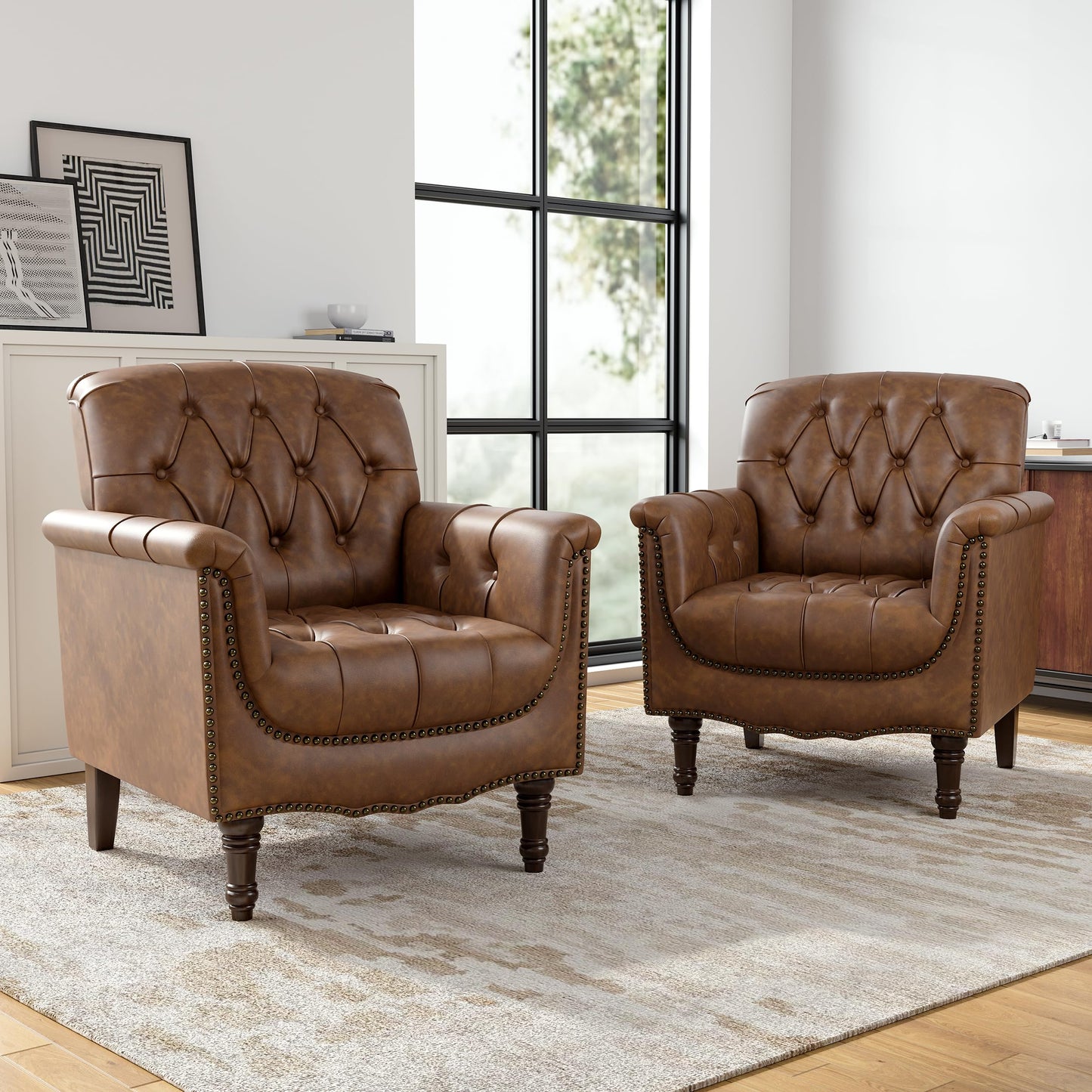 Faux Leather Club Chair, Retro Upholstered Armchair Accent Chair with Solid Wood Legs & Nailhead Trim for Living Room, Bedroom, Reading Room, Camel
