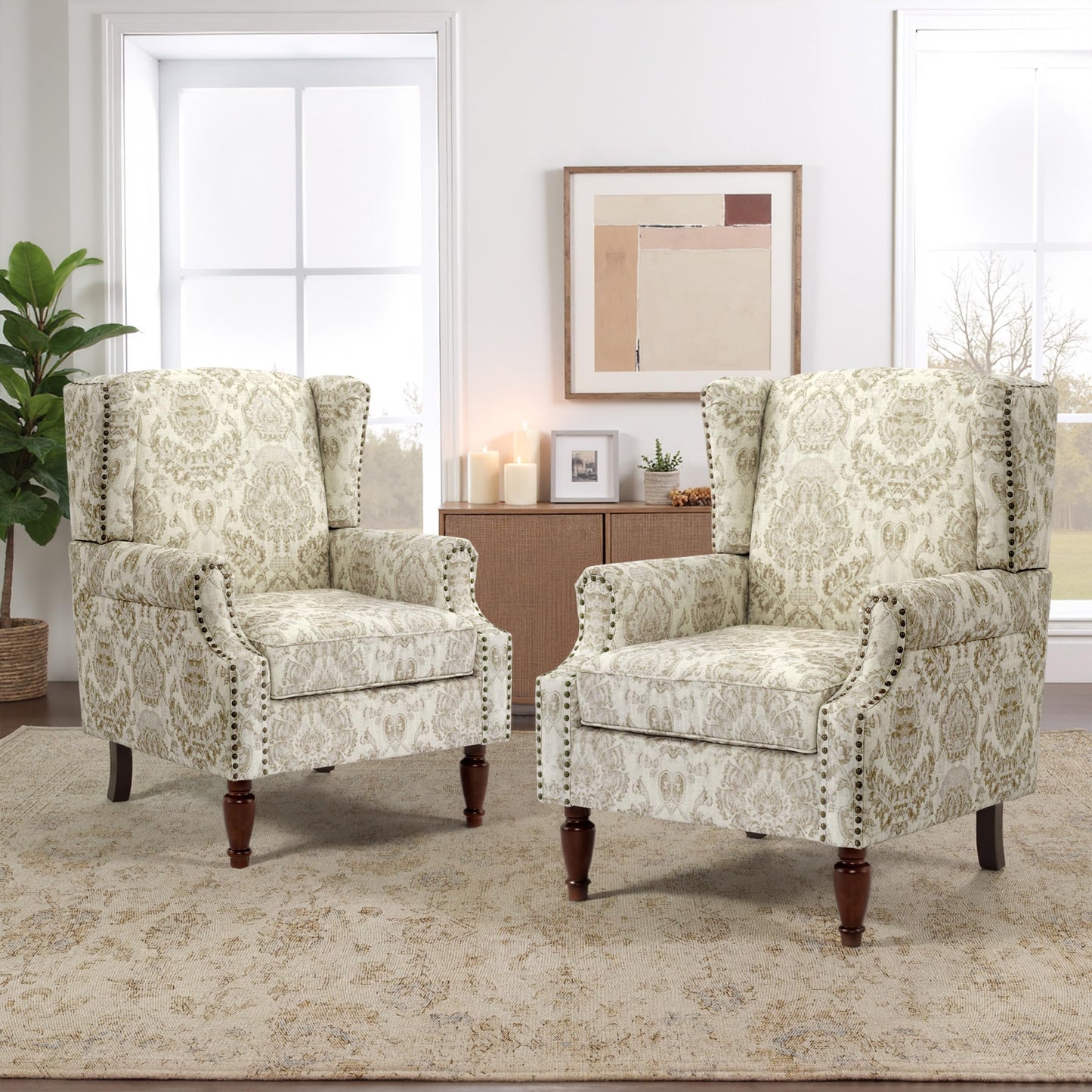 Floral Wingback Accent Chair, High Back Upholstered Armchair, Comfy Fabric Wingback Arms Chairs with Solid Wood Legs, Single Sofa Reading Chair for Bedroom Living Room, Beige
