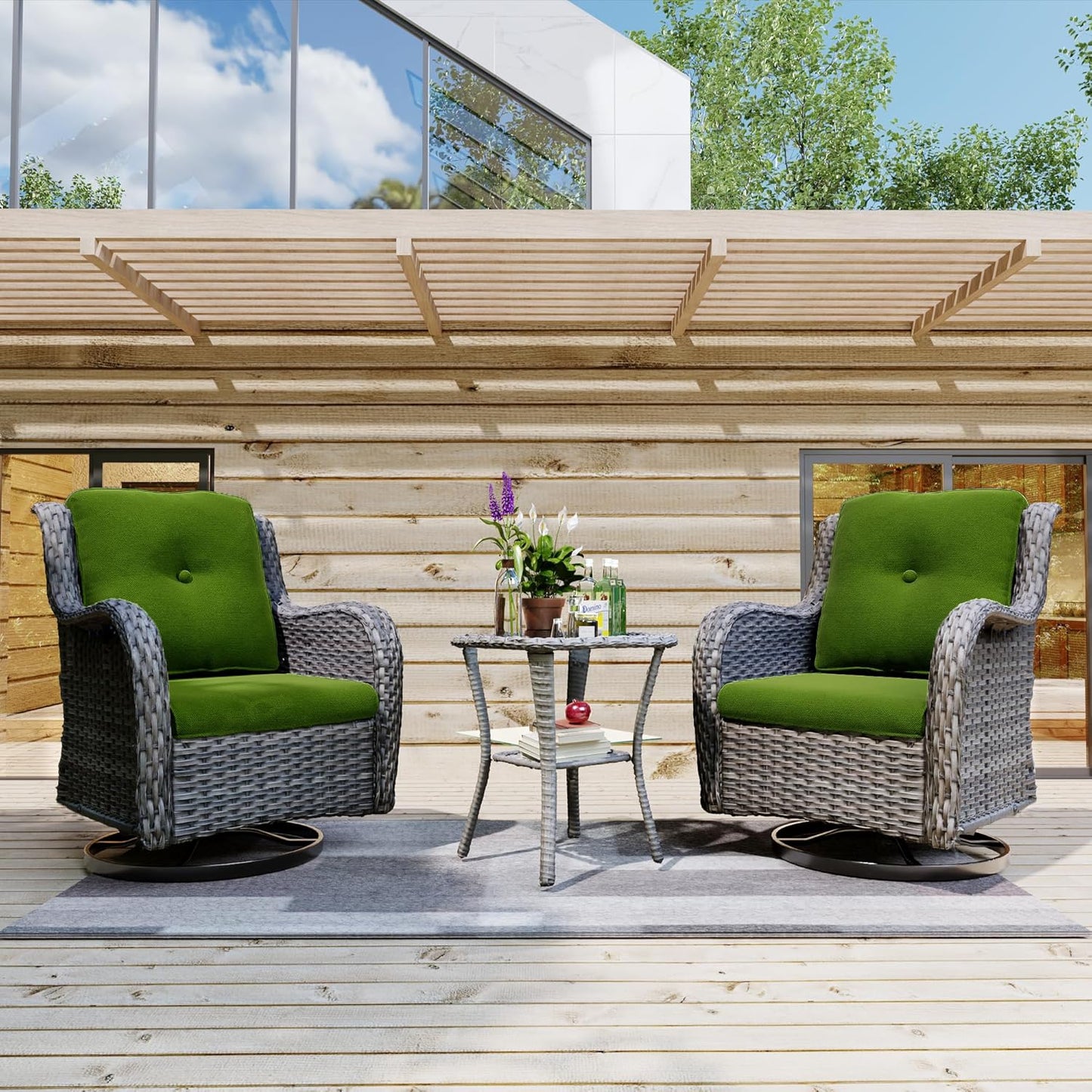 Joyside Outdoor 360 Degree Swivel Rocker Patio Chairs Sets of 2 and Matching Side Table - 3 Piece Wicker Patio Bistro Set Patio Swivel Rocker Chairs with Olefin Fabric Cushion(Brown/Green)