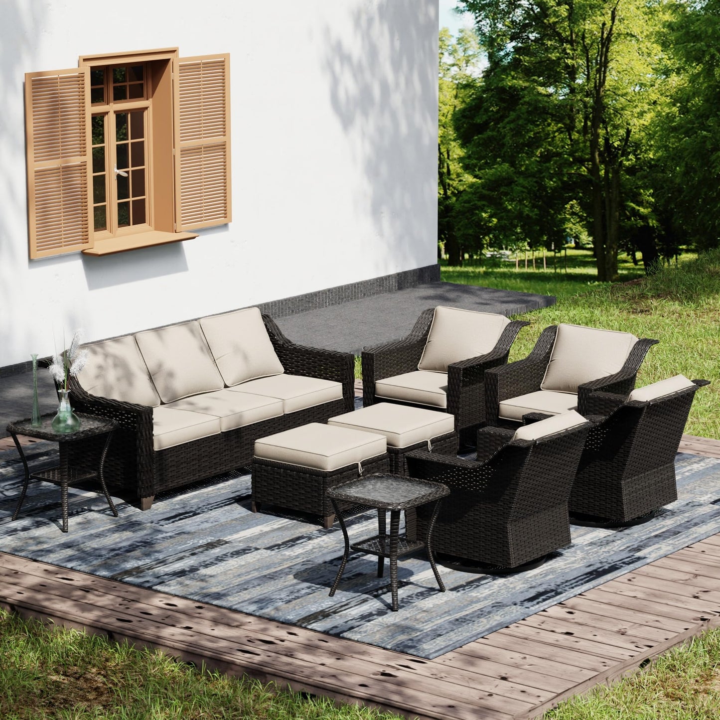 Joyside Patio Sofa - 3 Seater Rattan Sofa, All Weather High Back Sofa, Upgraded Large Size with 4inch Seat Cushions for Backyard, Garden, Poolside (Brown/Blue)