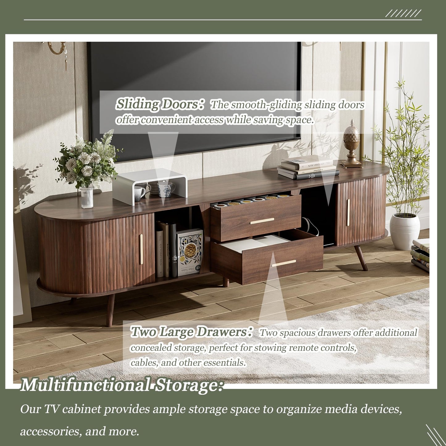 LKTART 67" Mid Century Modern TV Stand for 65/70/75/80" TVs,Entertainment Center with Sliding Doors and Drawers,Media Console for Living Room