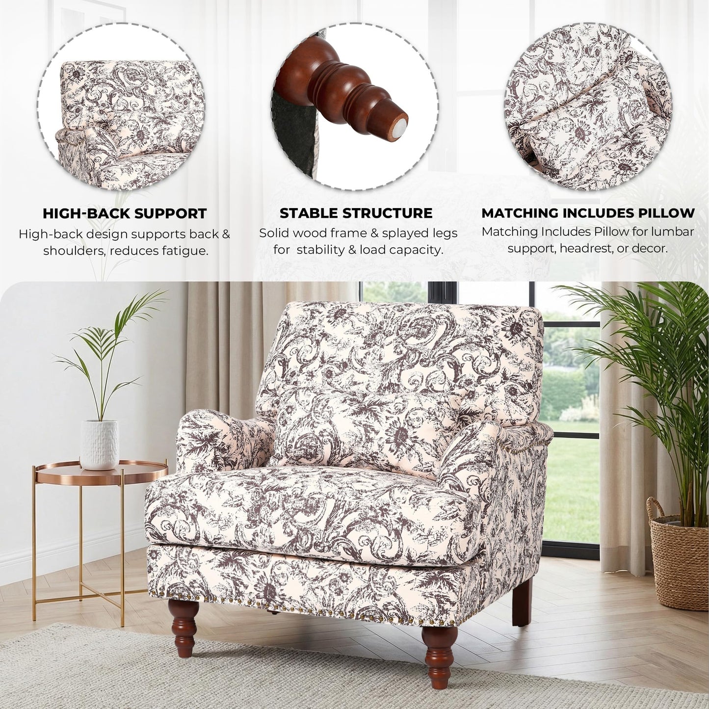Accent Chair for Living Room, Upholstered Armchair with Nailhead Trim & Solid Wood Legs, Mid Century Modern Club Chair for Bedroom/Reading Room, Rococo Green