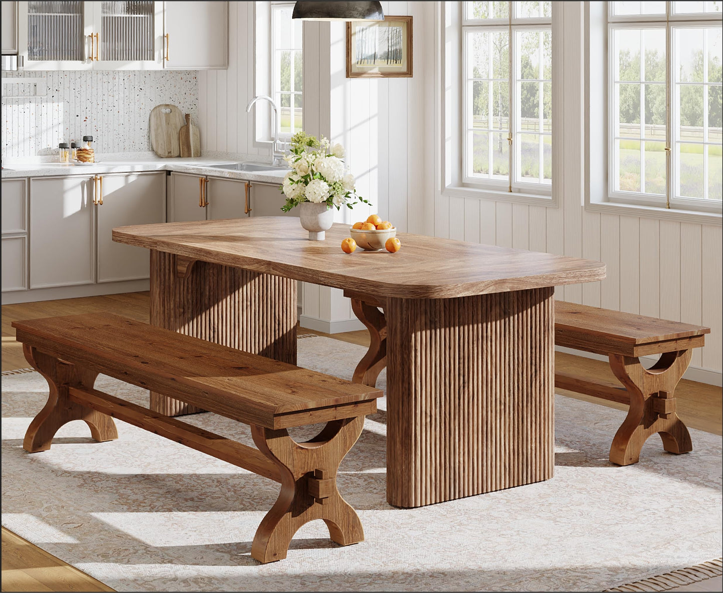 Solid Wood Dining Bench, 55-Inch Long Entryway Shoe Bench, Farmhouse Indoor Seat for Dining Room, Living Room, Hallway, Brown (1, Brown)