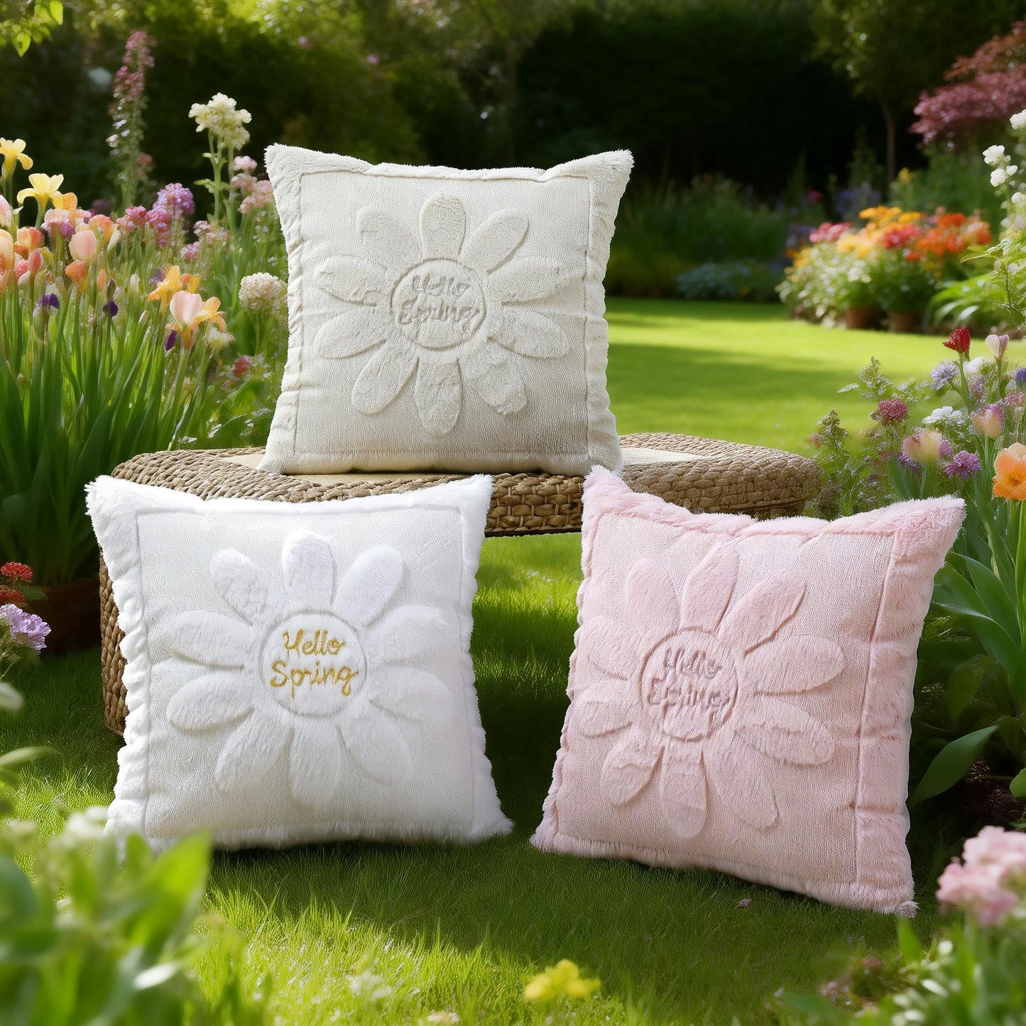 VAKADO Spring Summmer Decorative Throw Pillow Covers 18x18 Set of 2 Pink Couch Daisies Rhomboid Plush Velvet Square Cushion Cases Home Decor Gift for Sofa