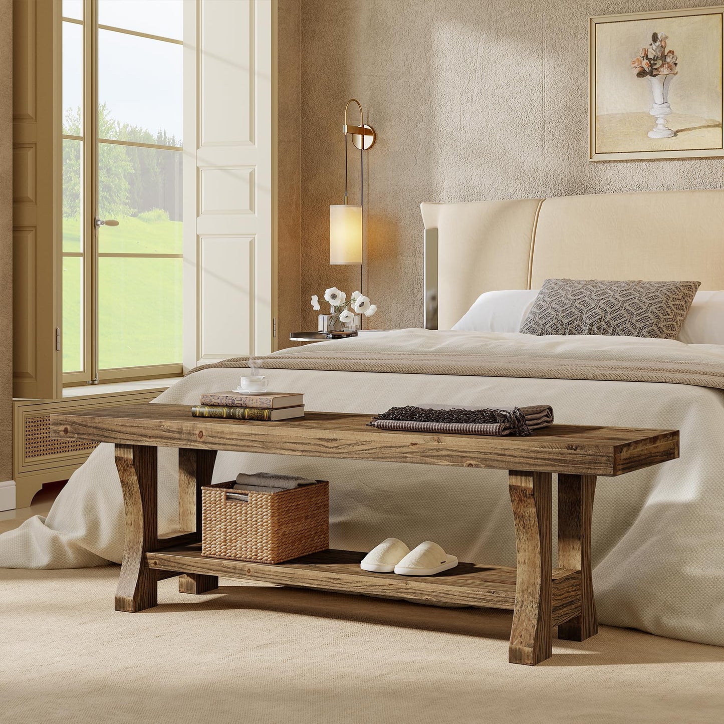 Solid Wood Entryway Bench, 55" End of Bed Bench, Long Indoor Dining Seat for Hallway, Bedroom, Living Room, Dining Room, Easy Assembly, Brown