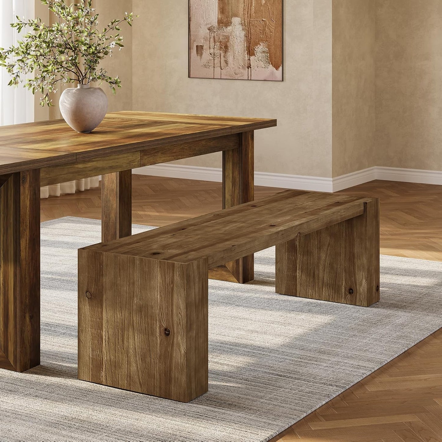 59-Inch Solid Wood Entryway Bench, Farmhouse TV Stand, Long Dining Bench for with Sturdy Frame for Living Room, Dining Room, Kitchen, Bedroom, Hallway, Rustic Brown